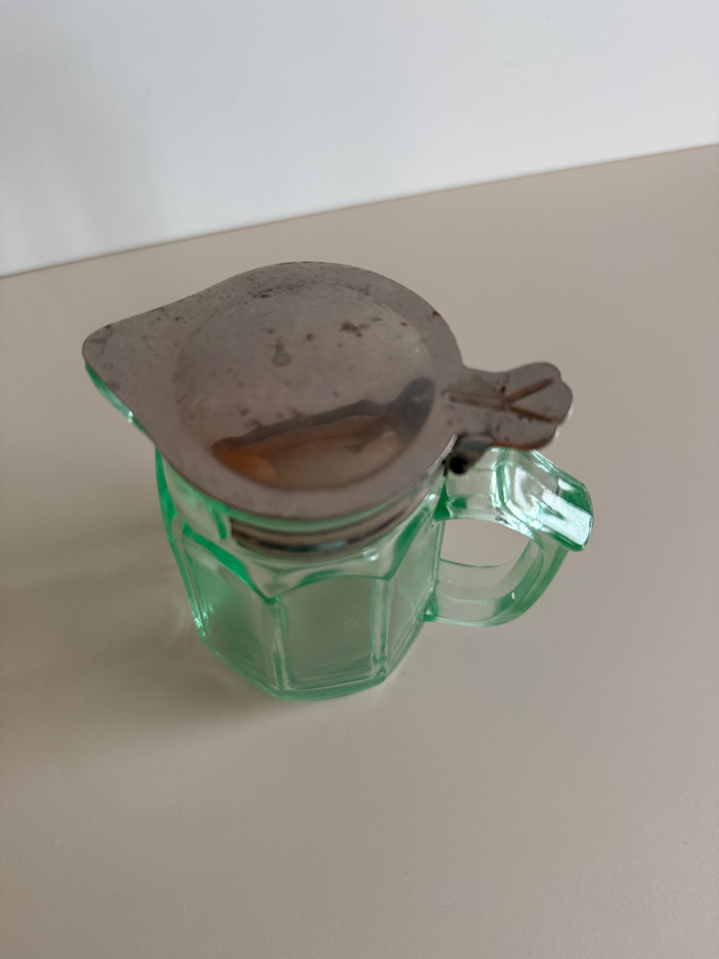 Antique Depression Green Glass Creamer / Syrup Pitcher – 1915 Patent Stainless Lid – 4.25” Tall – Holds 8oz