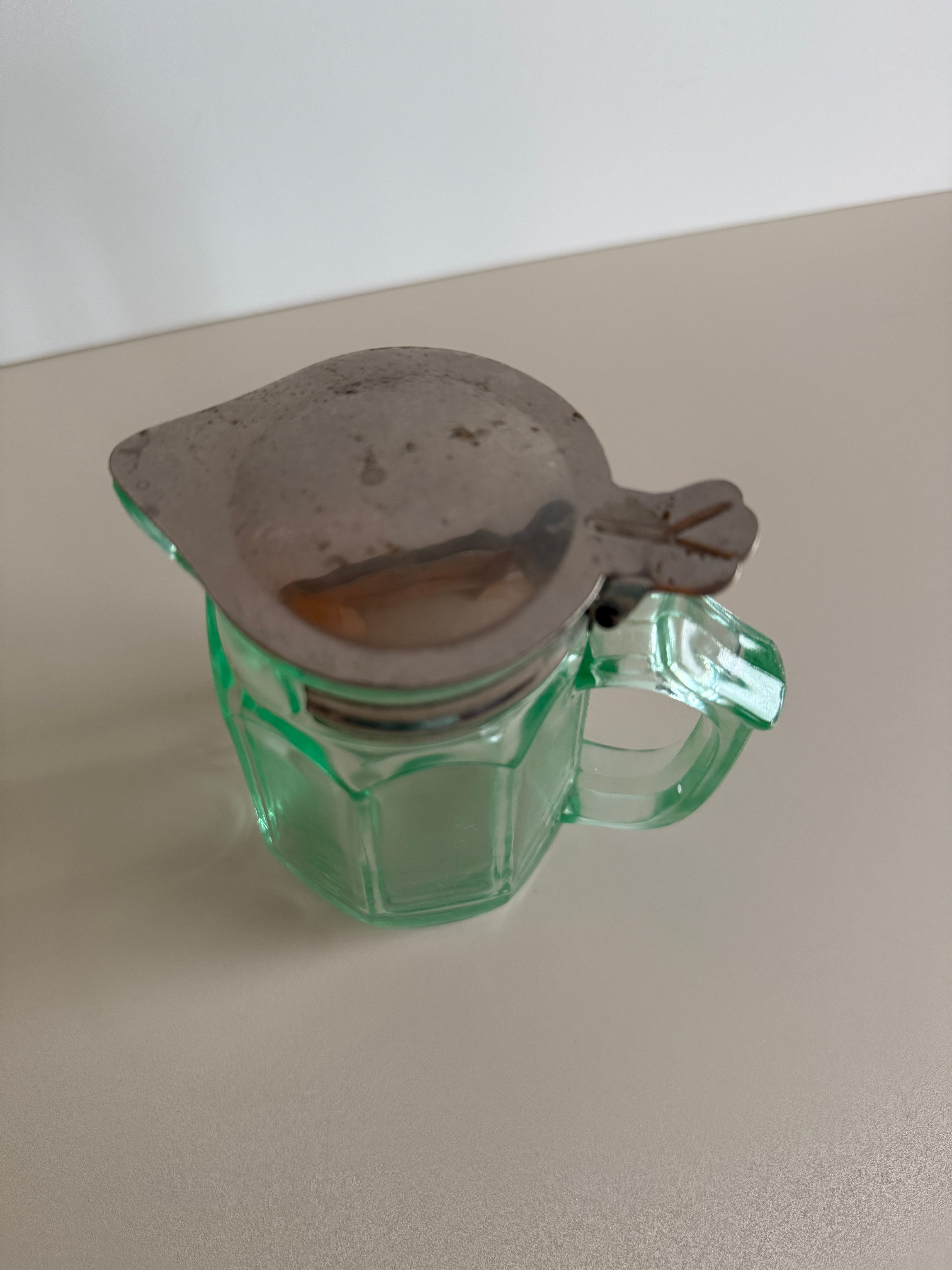 Antique Depression Green Glass Creamer / Syrup Pitcher – 1915 Patent Stainless Lid – 4.25” Tall – Holds 8oz