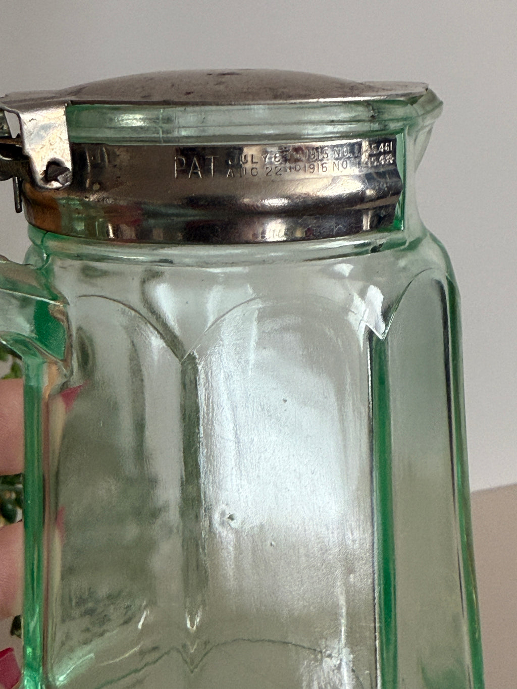 Antique Depression Green Glass Creamer / Syrup Pitcher – 1915 Patent Stainless Lid – 4.25” Tall – Holds 8oz