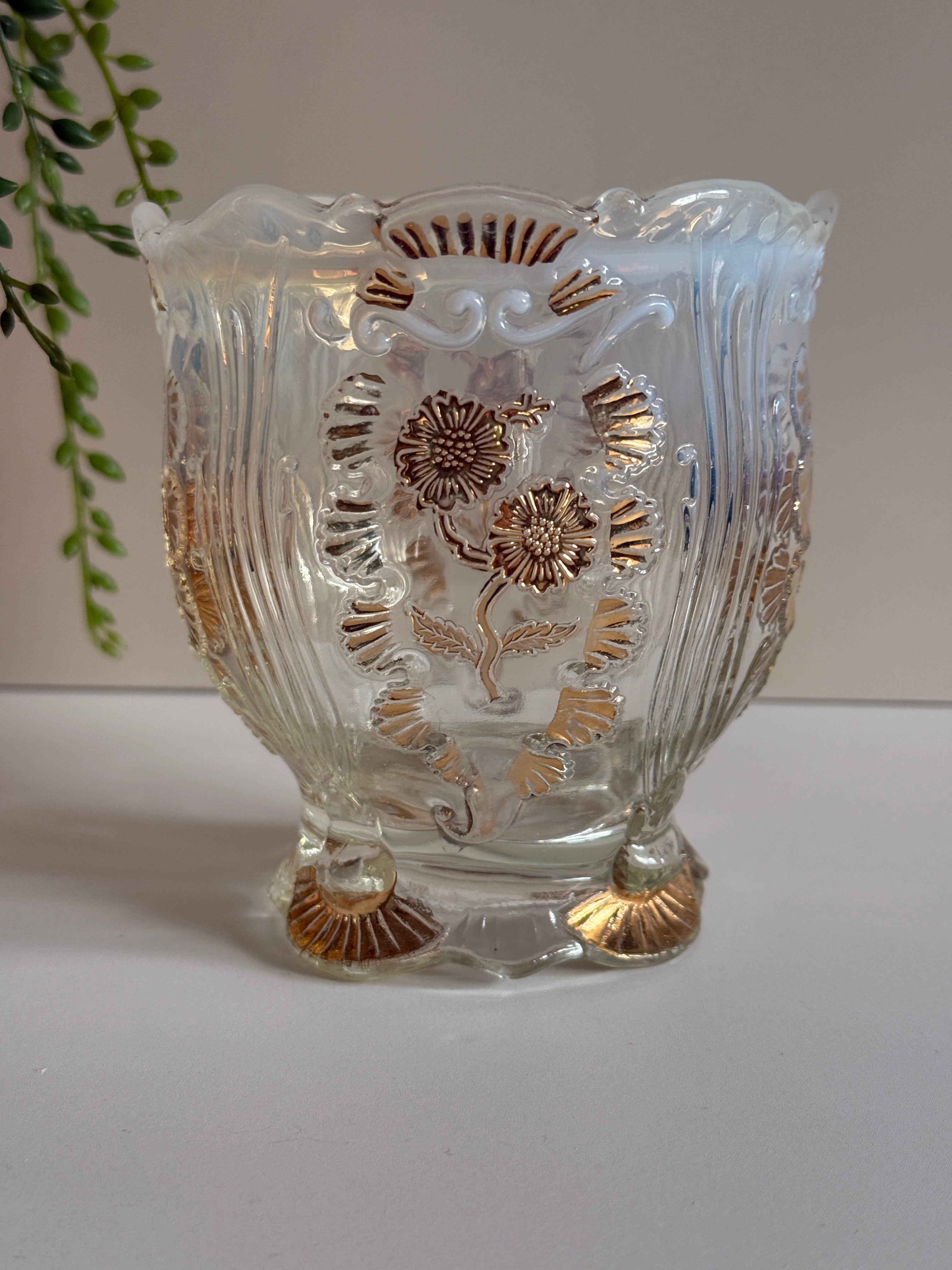 Antique Northwood “Inverted Fan & Feather with Flower” White Opalescent Glass Spooner with Gold Trim – Early 1900s