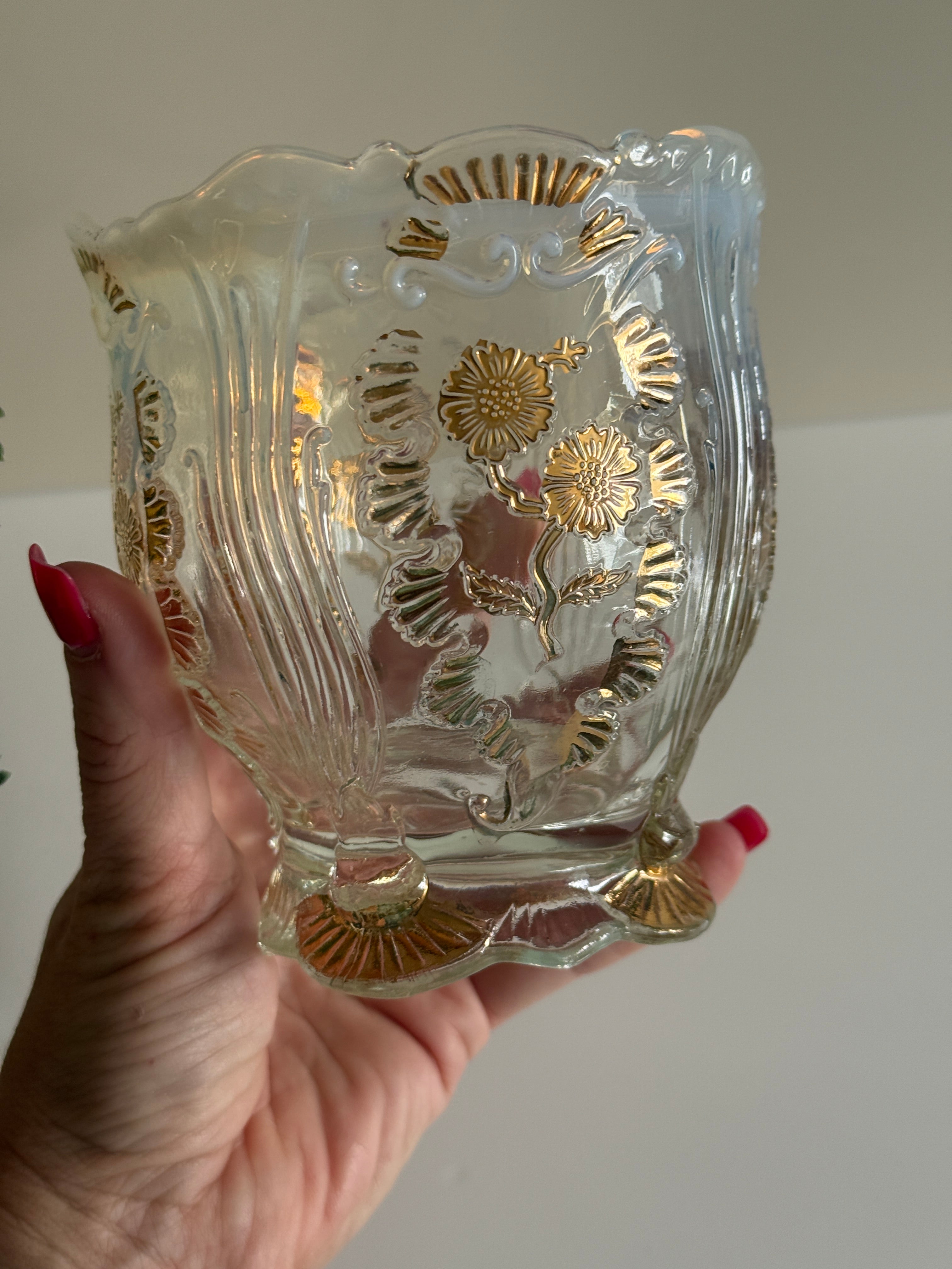Antique Northwood “Inverted Fan & Feather with Flower” White Opalescent Glass Spooner with Gold Trim – Early 1900s