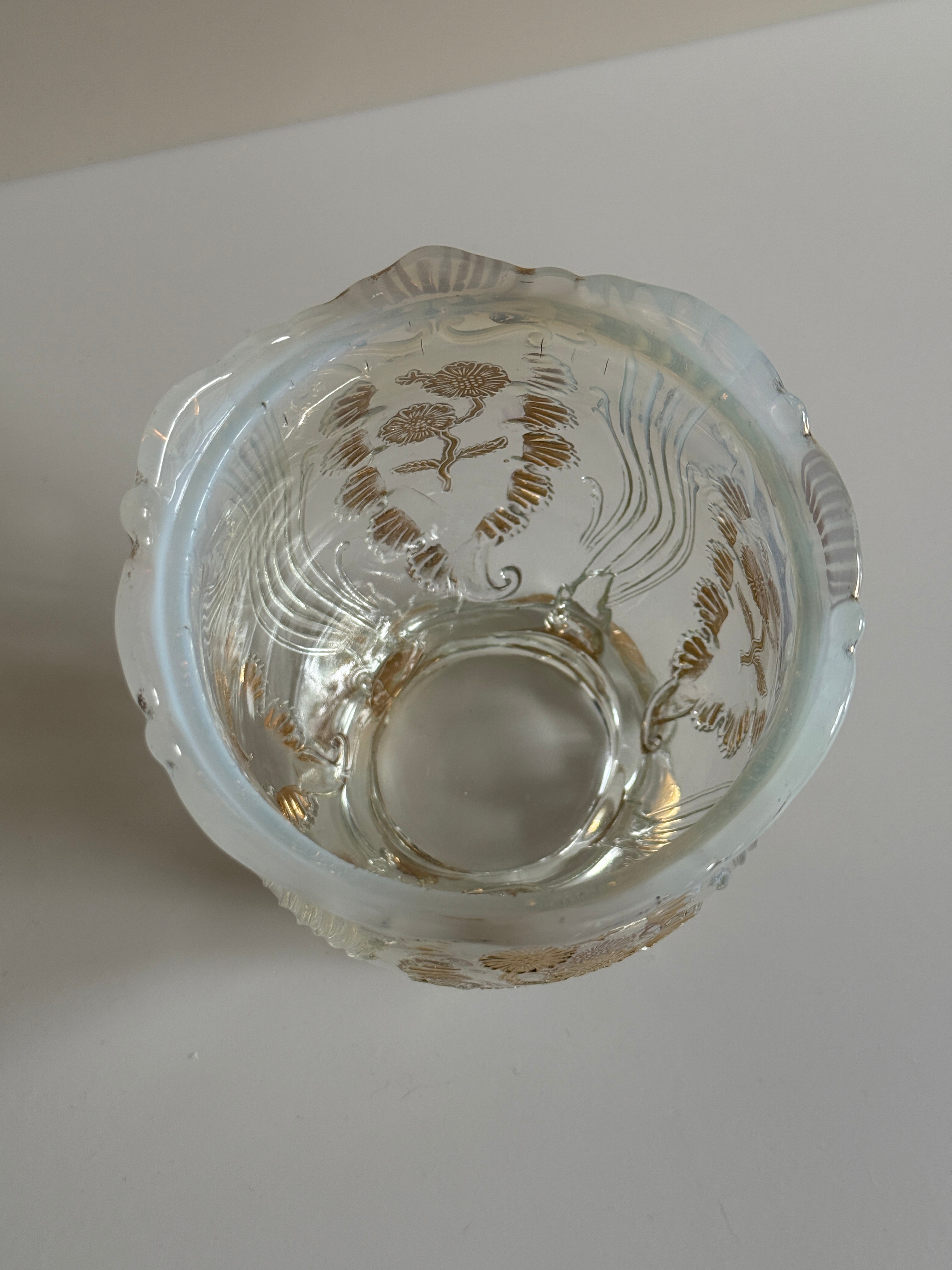 Antique Northwood “Inverted Fan & Feather with Flower” White Opalescent Glass Spooner with Gold Trim – Early 1900s