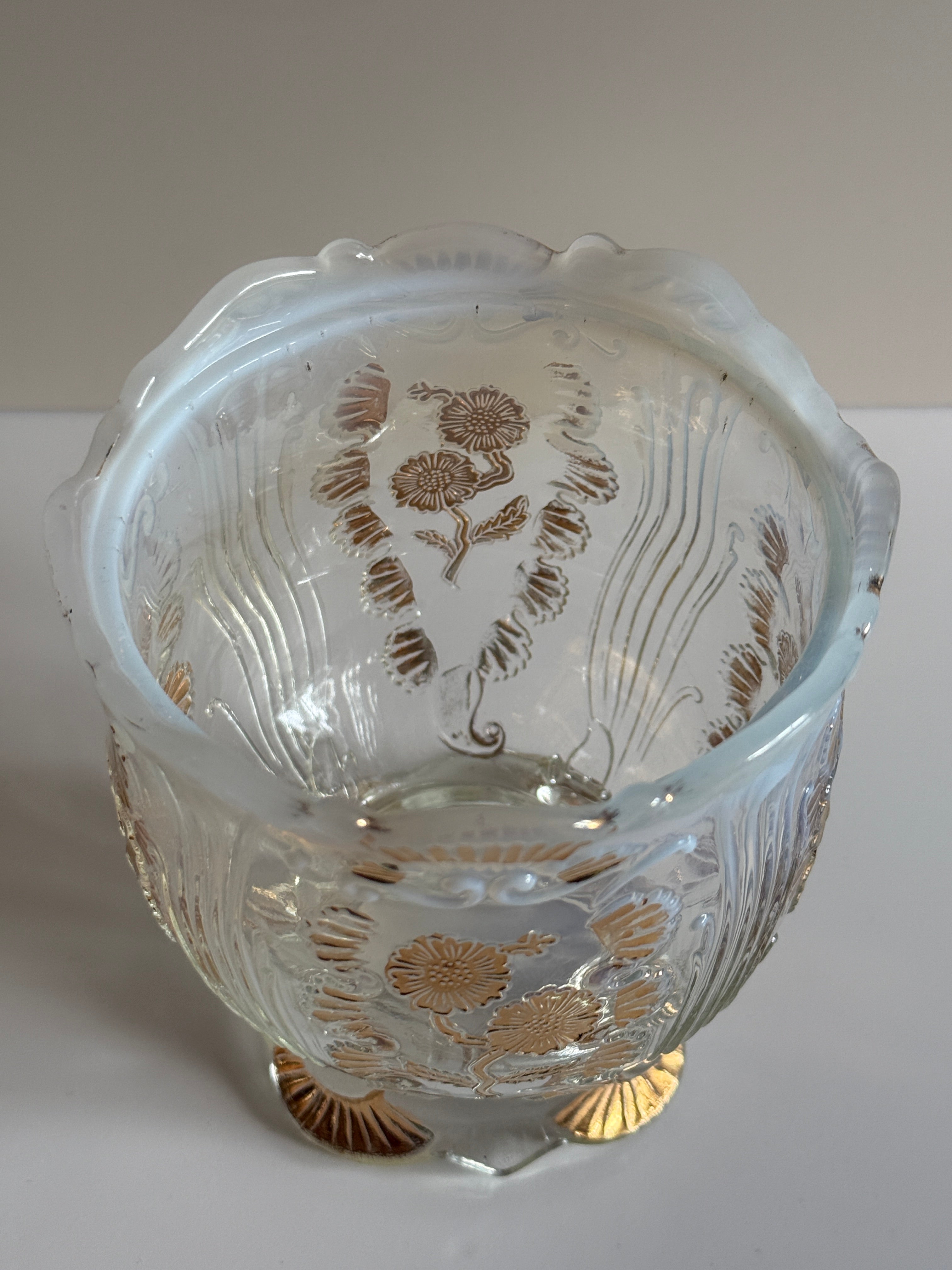 Antique Northwood “Inverted Fan & Feather with Flower” White Opalescent Glass Spooner with Gold Trim – Early 1900s