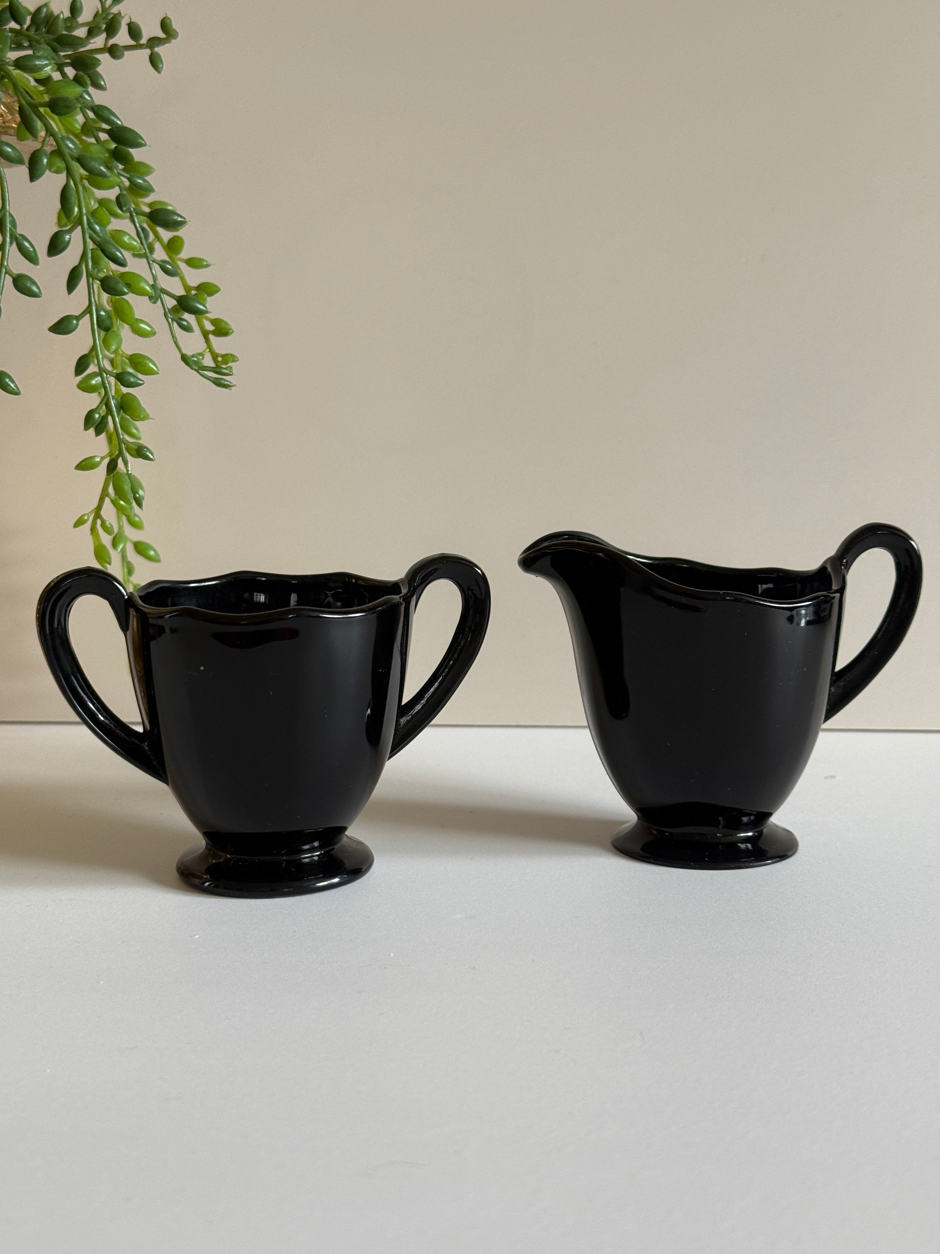 Vintage Fostoria Fairfax Ebony Cream & Sugar Set – Elegant Black Glass – 1930s Depression Glass