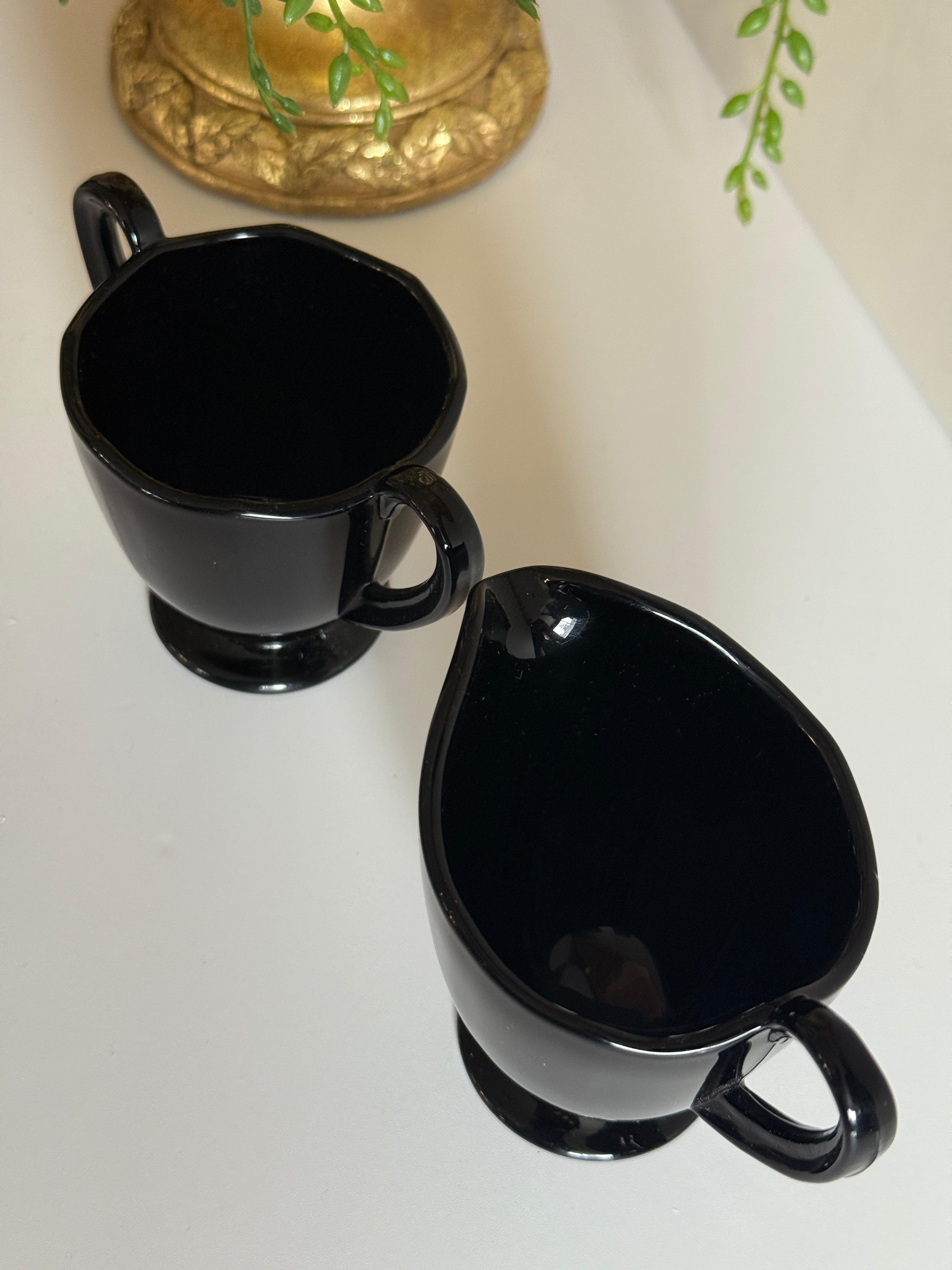 Vintage Fostoria Fairfax Ebony Cream & Sugar Set – Elegant Black Glass – 1930s Depression Glass