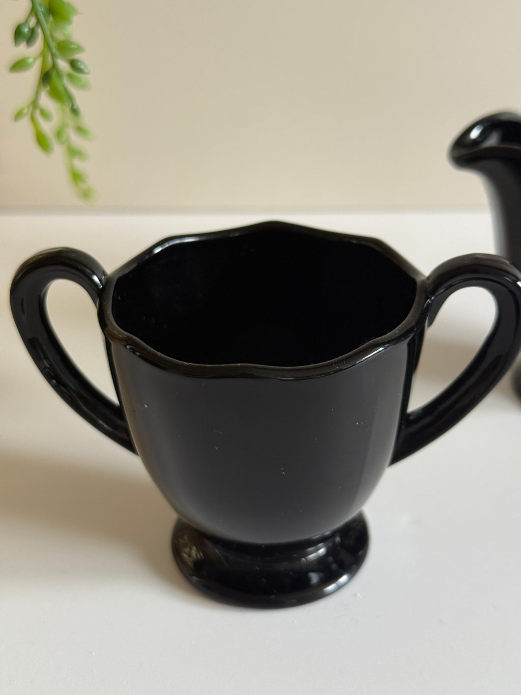 Vintage Fostoria Fairfax Ebony Cream & Sugar Set – Elegant Black Glass – 1930s Depression Glass