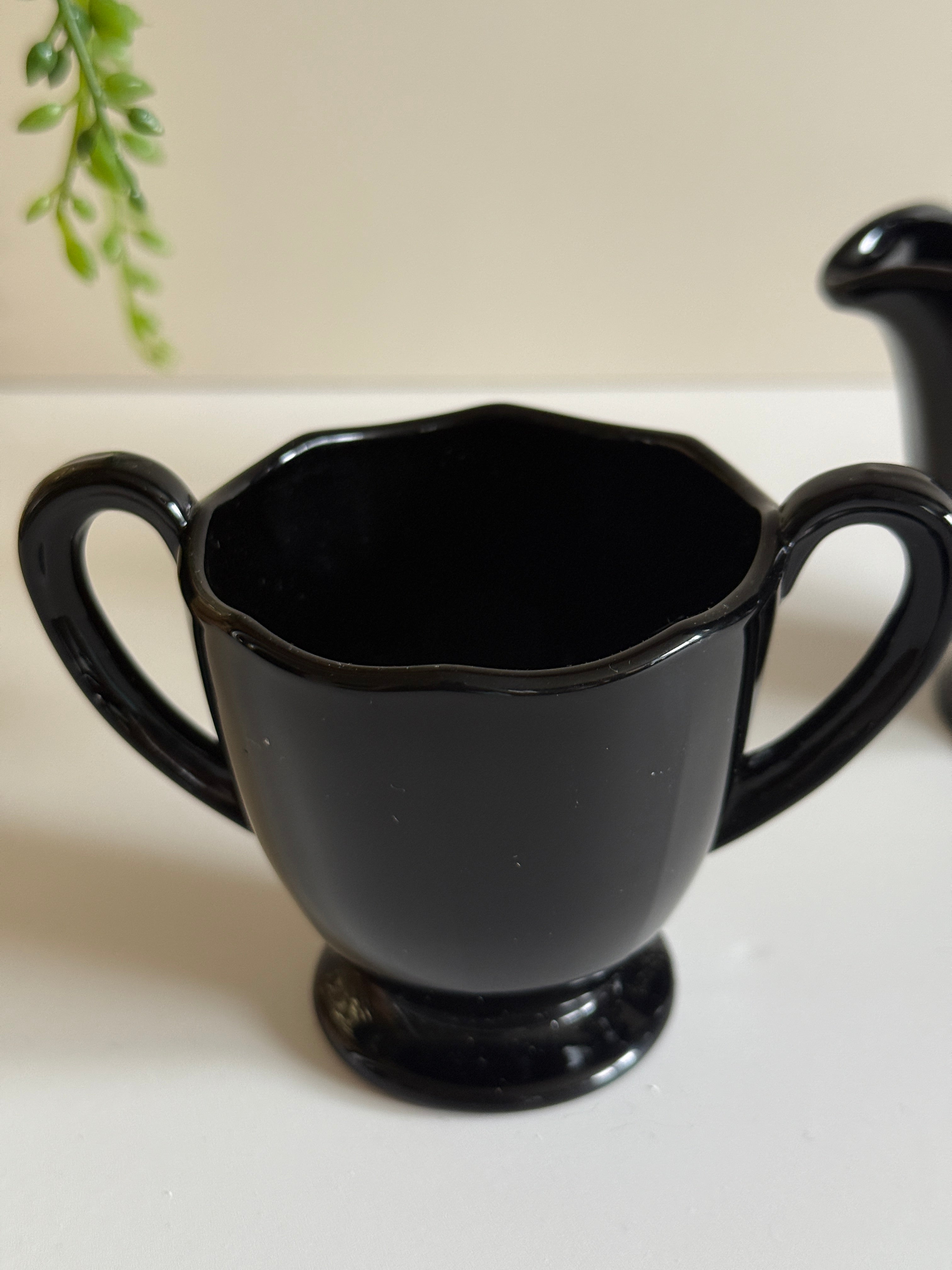Vintage Fostoria Fairfax Ebony Cream & Sugar Set – Elegant Black Glass – 1930s Depression Glass