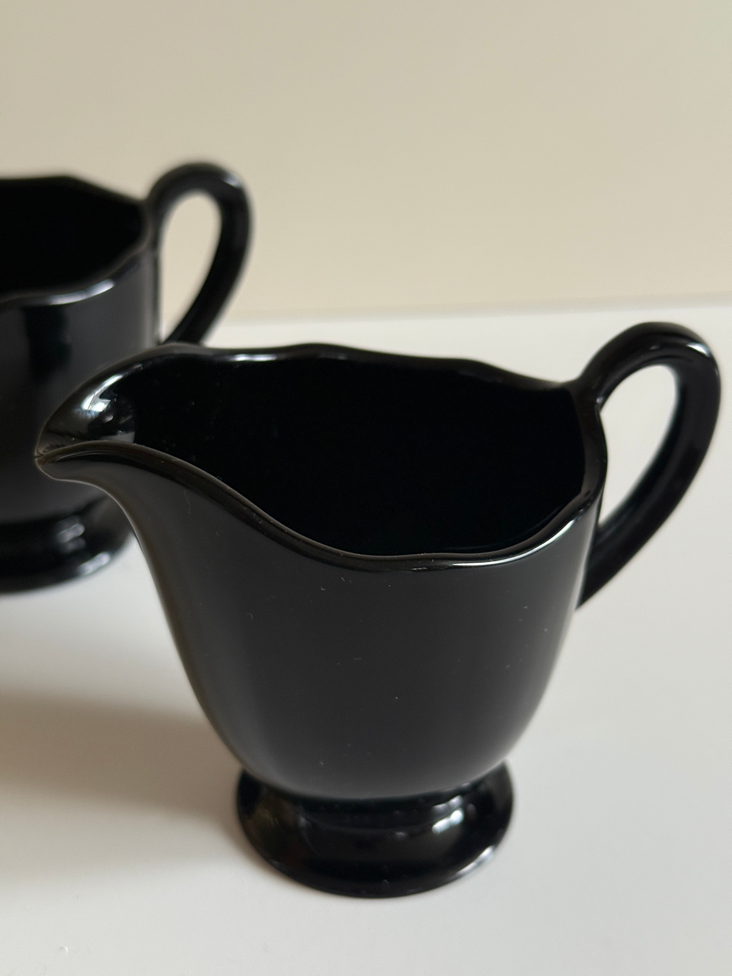 Vintage Fostoria Fairfax Ebony Cream & Sugar Set – Elegant Black Glass – 1930s Depression Glass