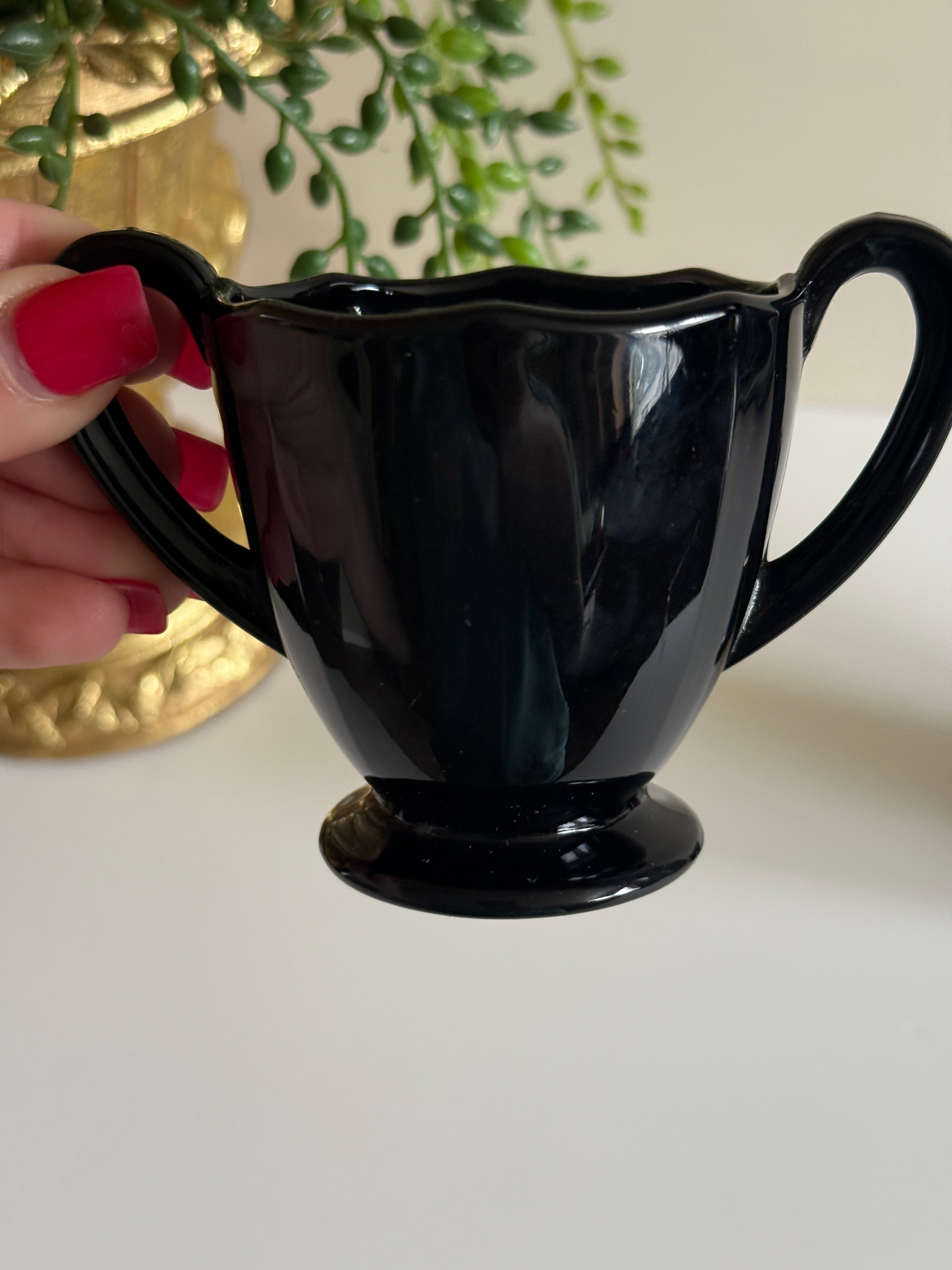 Vintage Fostoria Fairfax Ebony Cream & Sugar Set – Elegant Black Glass – 1930s Depression Glass