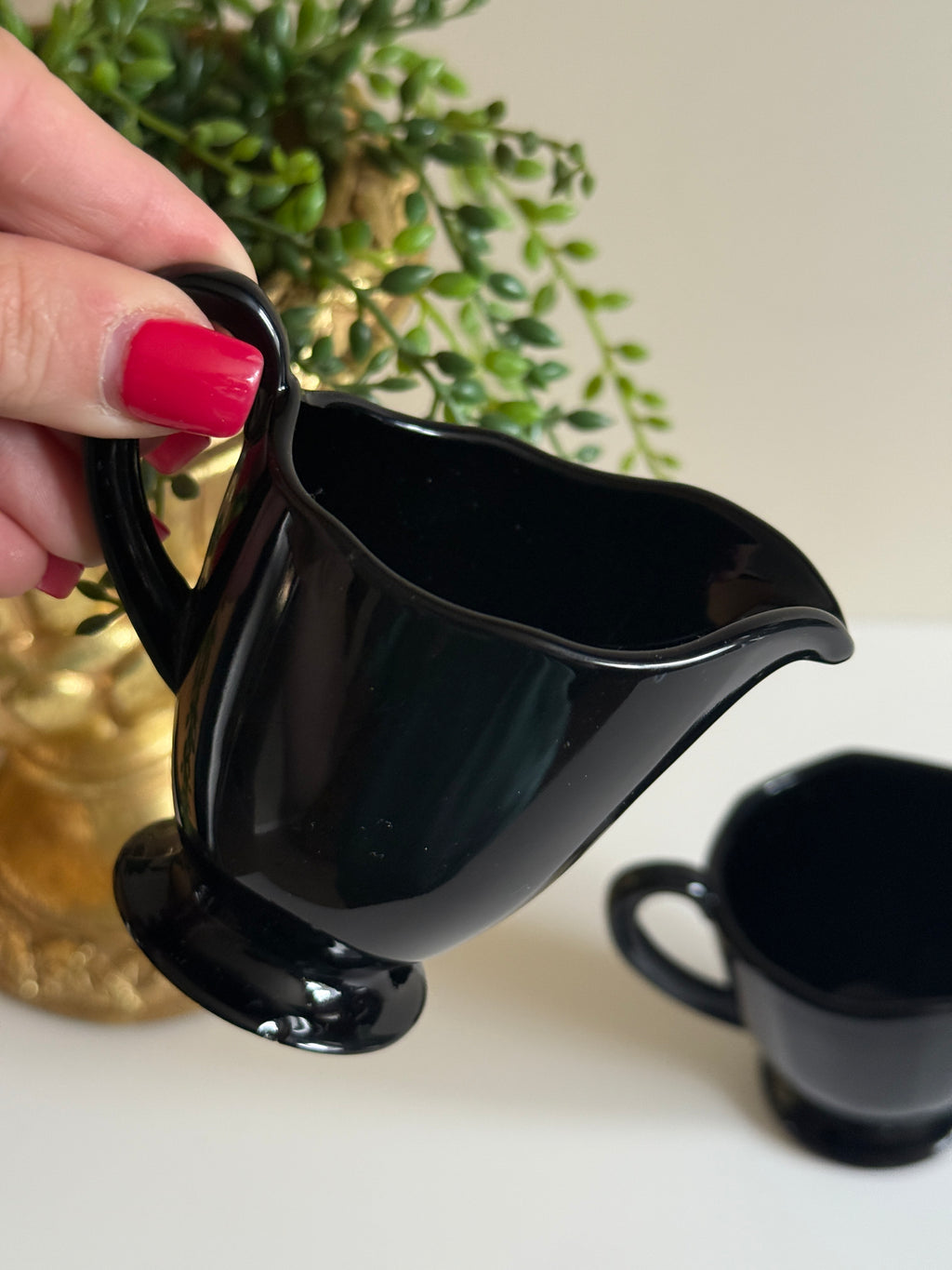 Vintage Fostoria Fairfax Ebony Cream & Sugar Set – Elegant Black Glass – 1930s Depression Glass