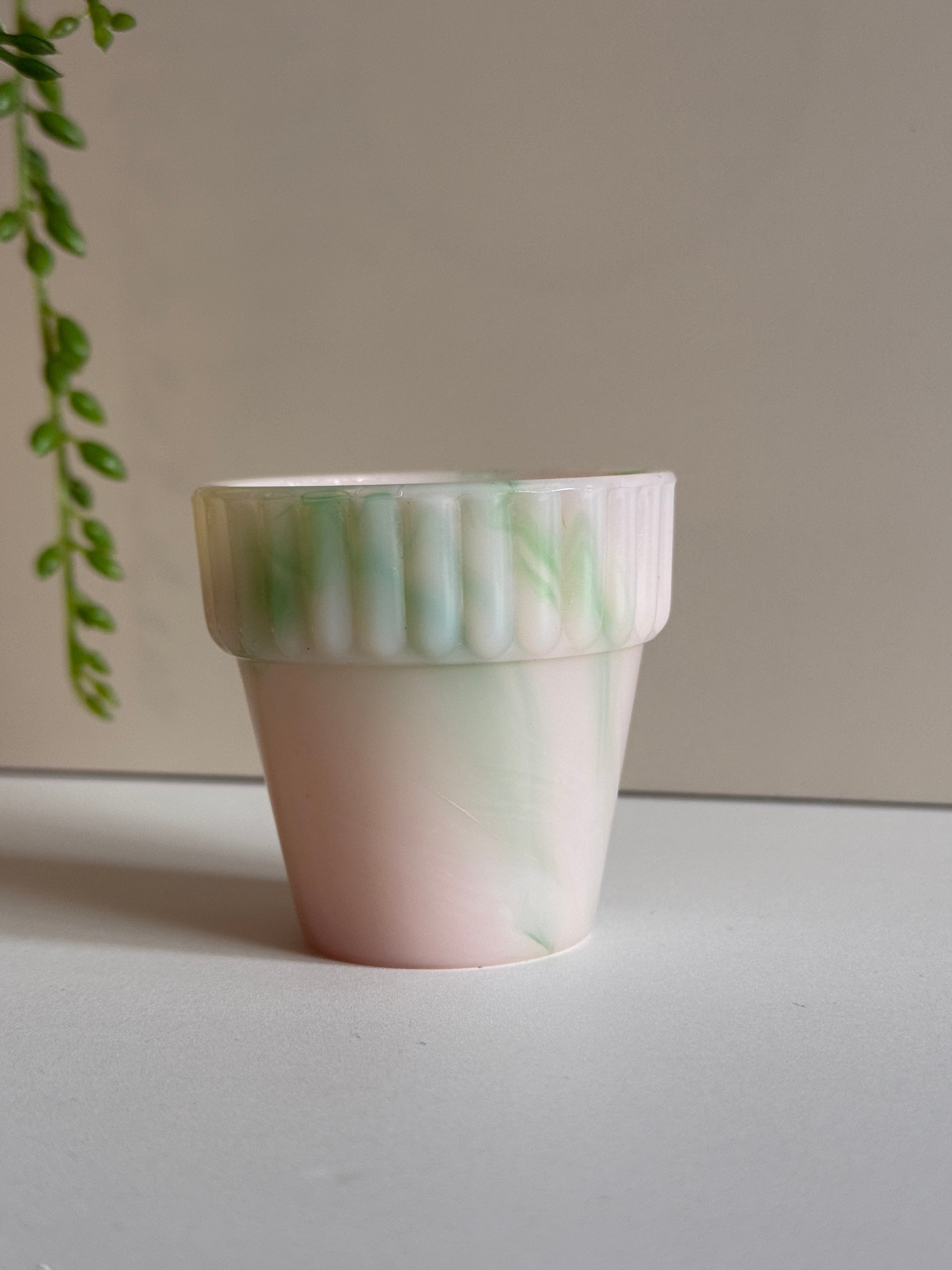 Vintage Akro Agate Slag Glass Toothpick Holder – Pink & Green Flower Pot Design – 2.25”