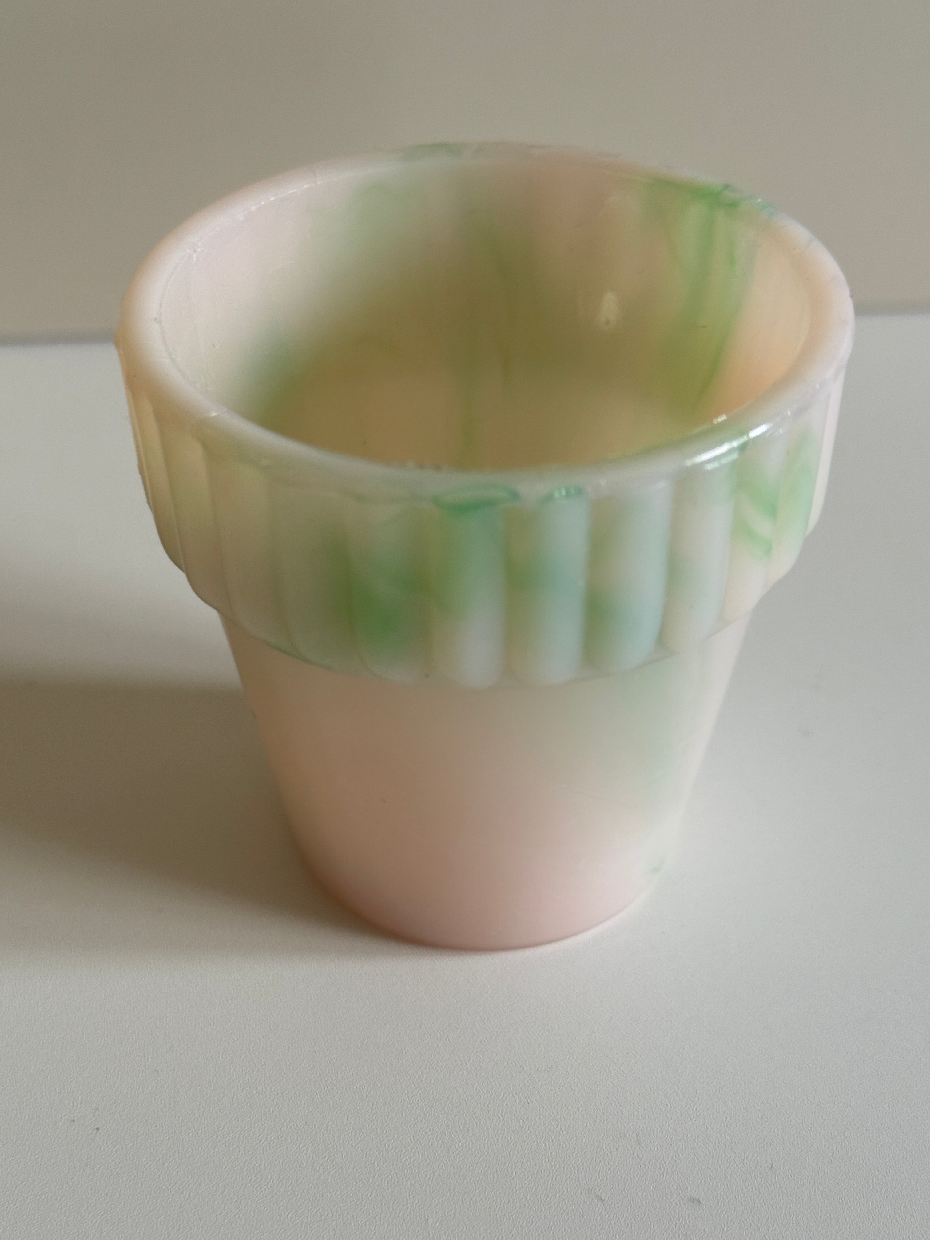 Vintage Akro Agate Slag Glass Toothpick Holder – Pink & Green Flower Pot Design – 2.25”