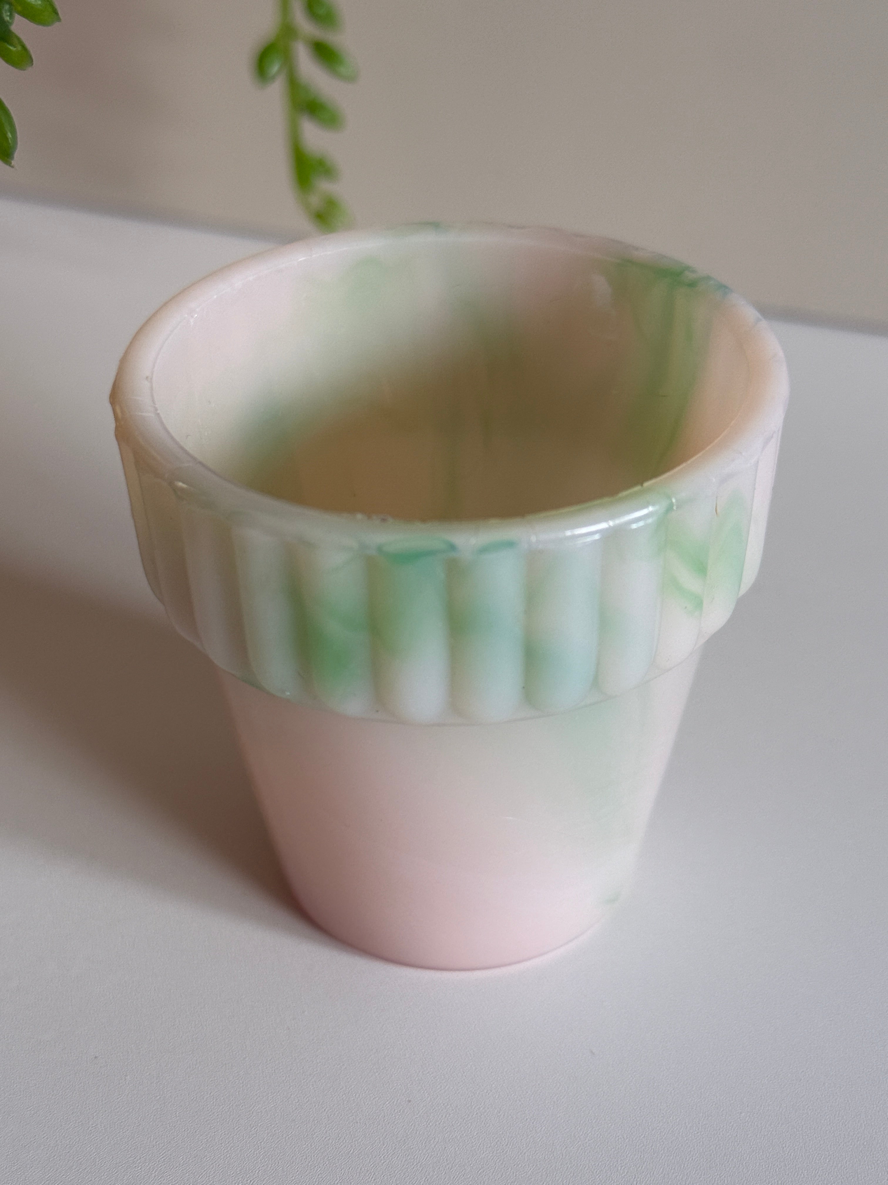 Vintage Akro Agate Slag Glass Toothpick Holder – Pink & Green Flower Pot Design – 2.25”