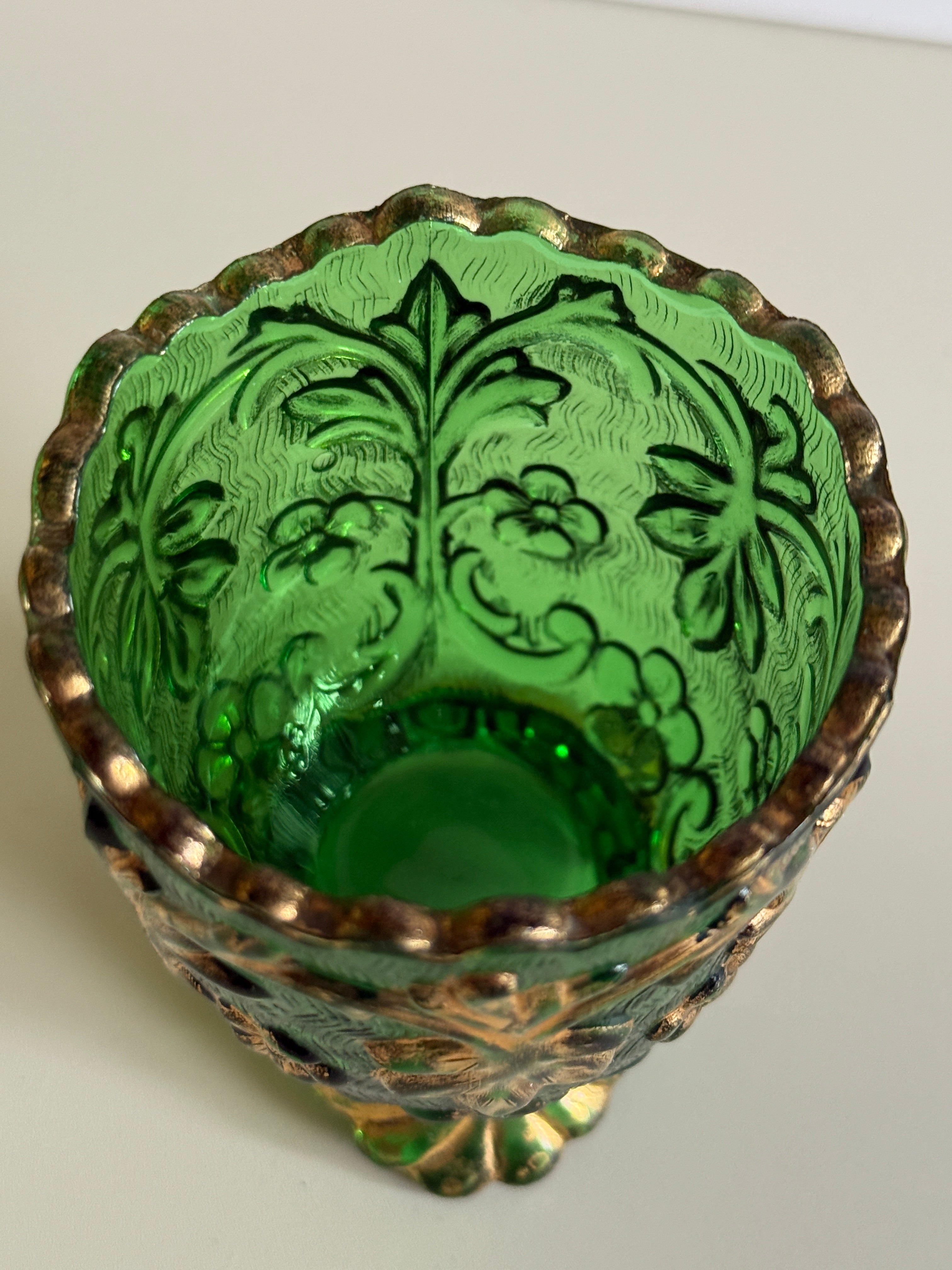 Antique EAPG Beaumont’s Flora Toothpick Holder – Emerald Green with Gold Trim – 3” Tall  Victorian Era