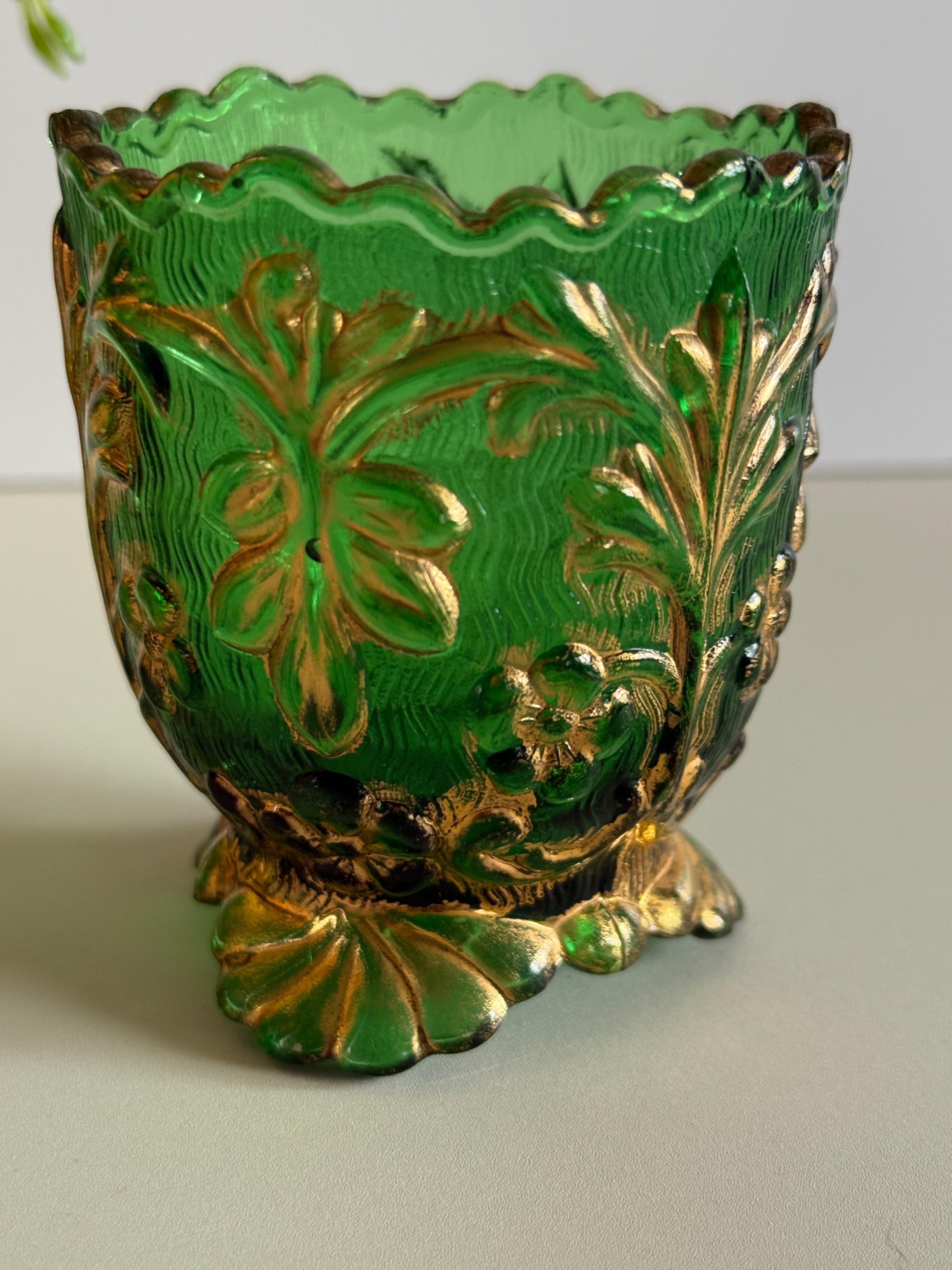 Antique EAPG Beaumont’s Flora Toothpick Holder – Emerald Green with Gold Trim – 3” Tall  Victorian Era