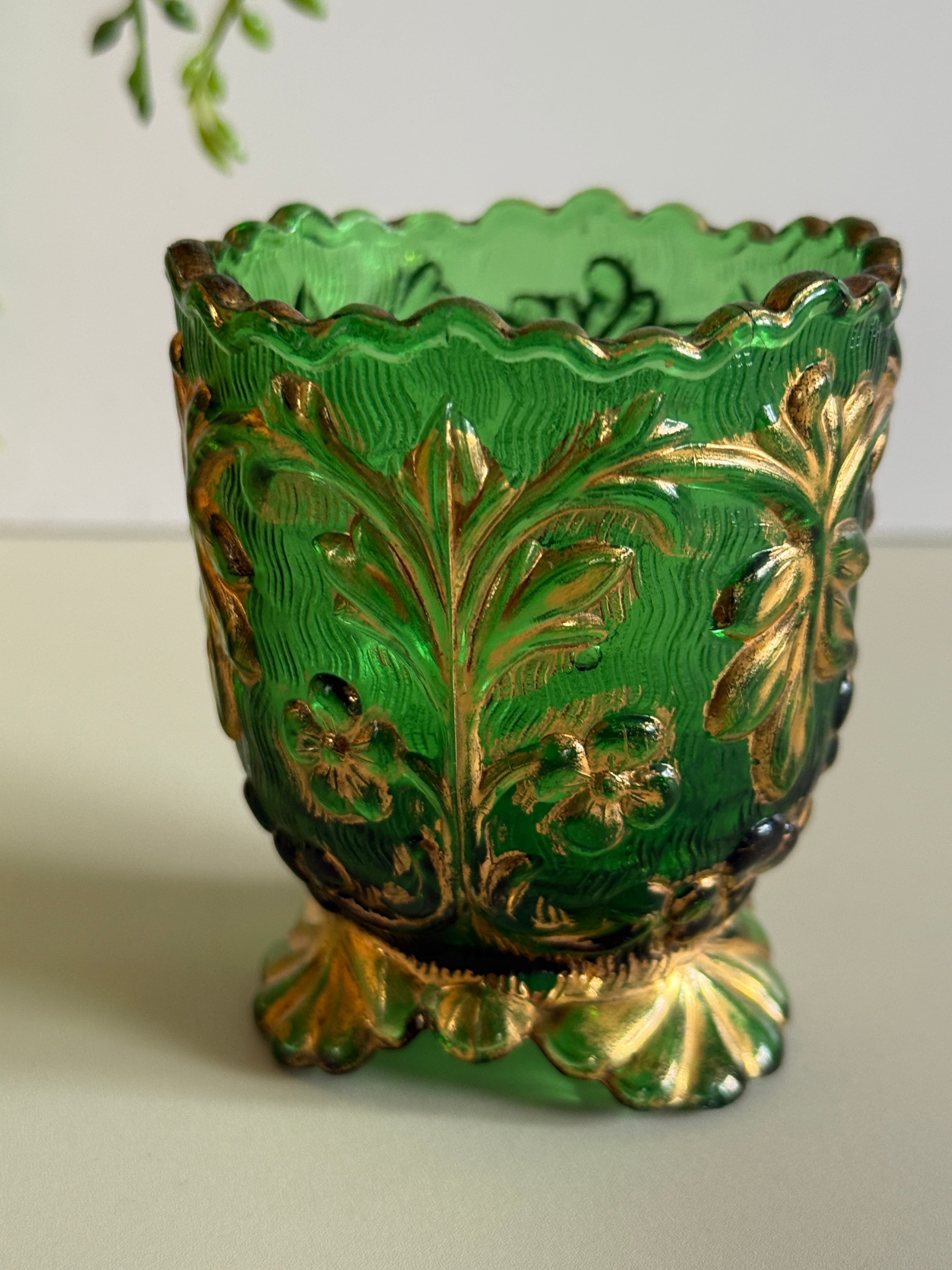 Antique EAPG Beaumont’s Flora Toothpick Holder – Emerald Green with Gold Trim – 3” Tall  Victorian Era