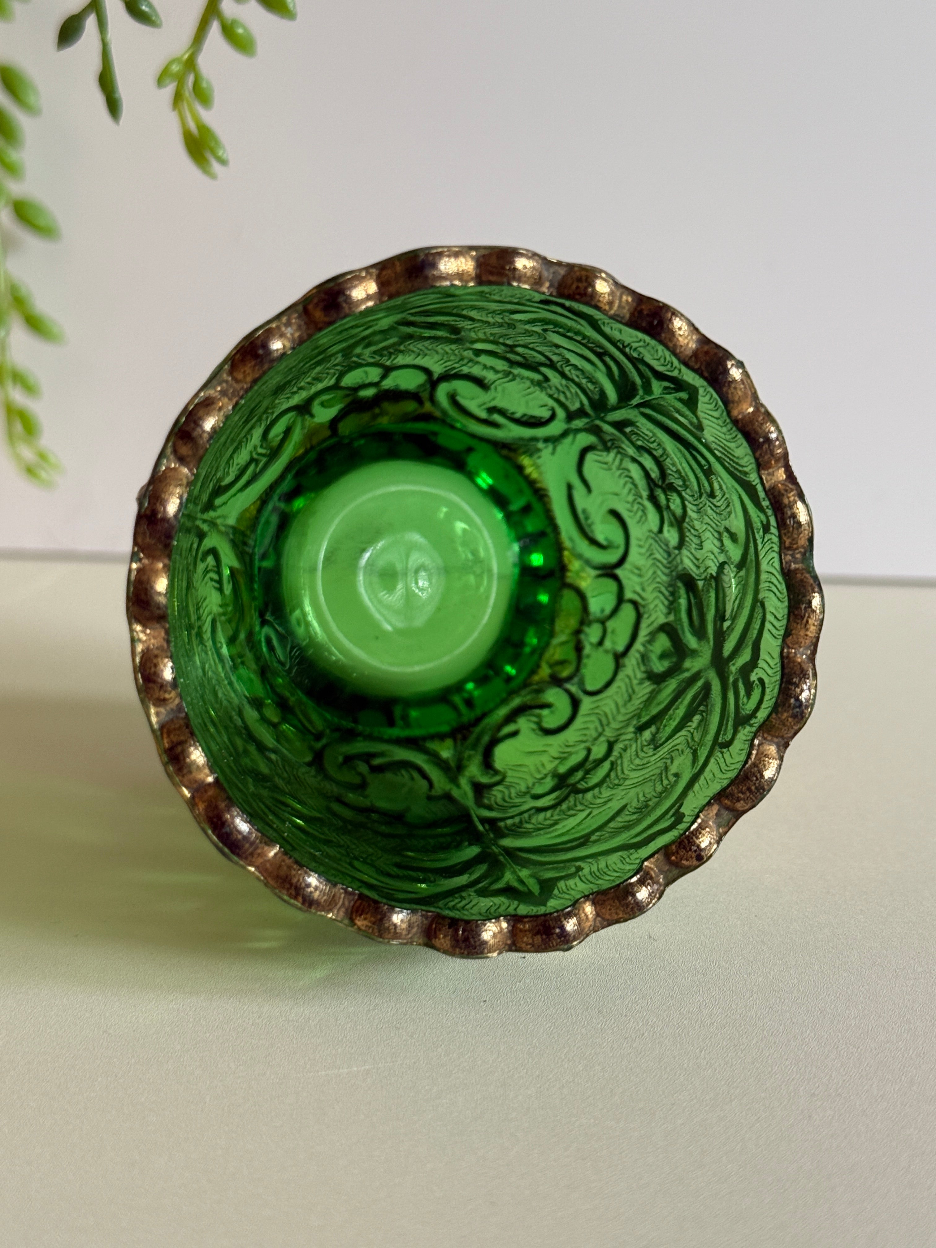Antique EAPG Beaumont’s Flora Toothpick Holder – Emerald Green with Gold Trim – 3” Tall  Victorian Era