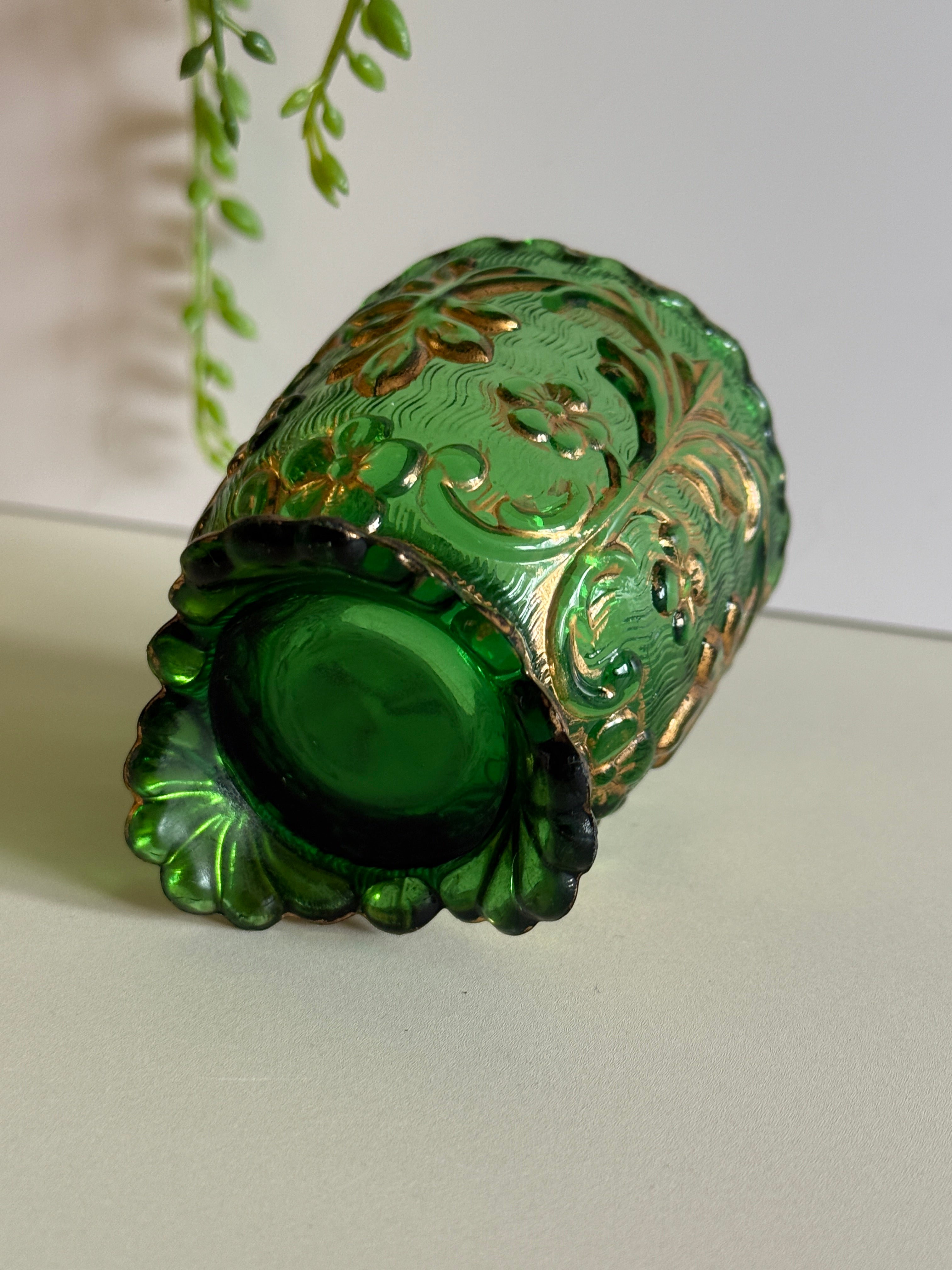Antique EAPG Beaumont’s Flora Toothpick Holder – Emerald Green with Gold Trim – 3” Tall  Victorian Era