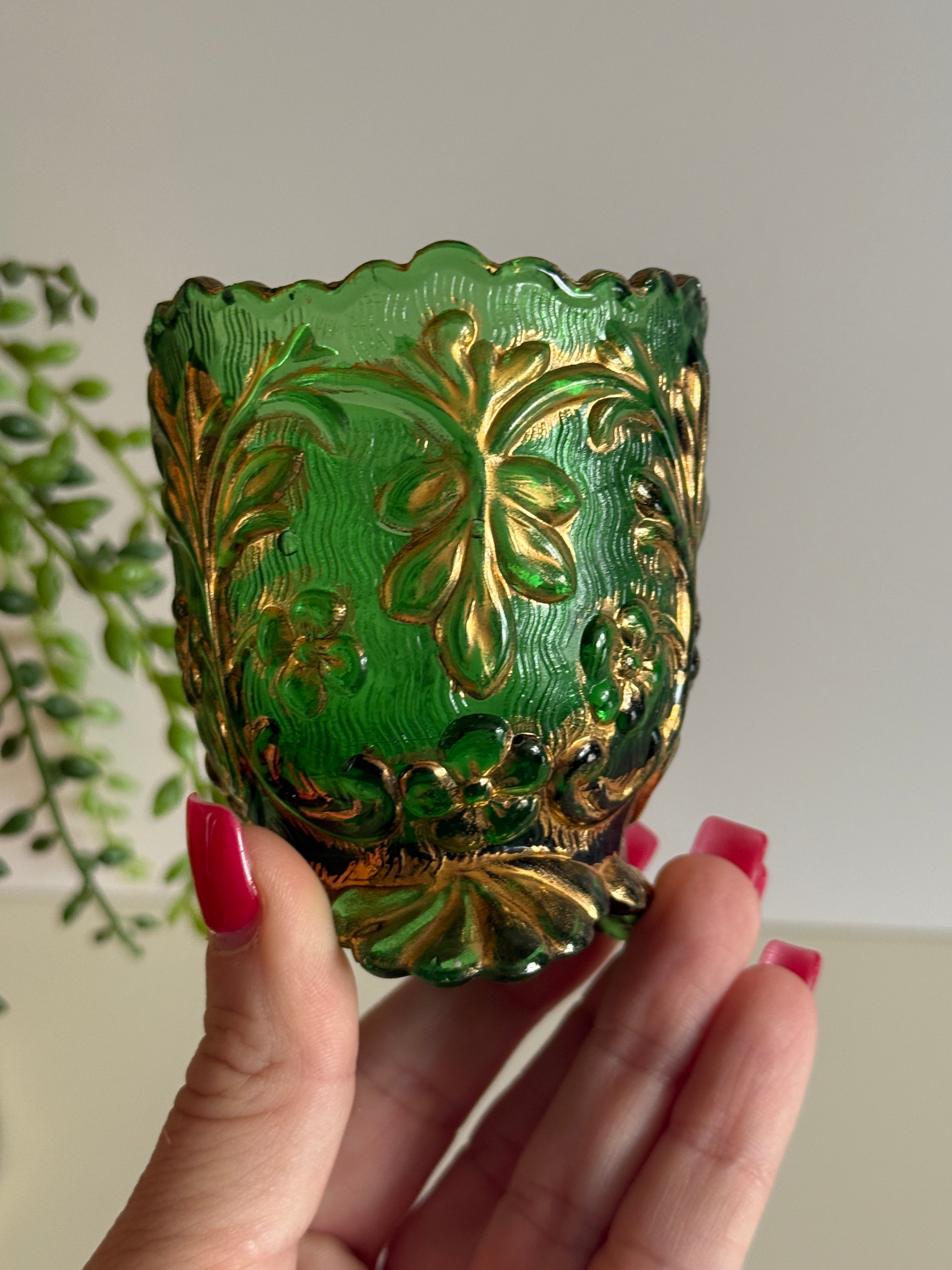 Antique EAPG Beaumont’s Flora Toothpick Holder – Emerald Green with Gold Trim – 3” Tall  Victorian Era