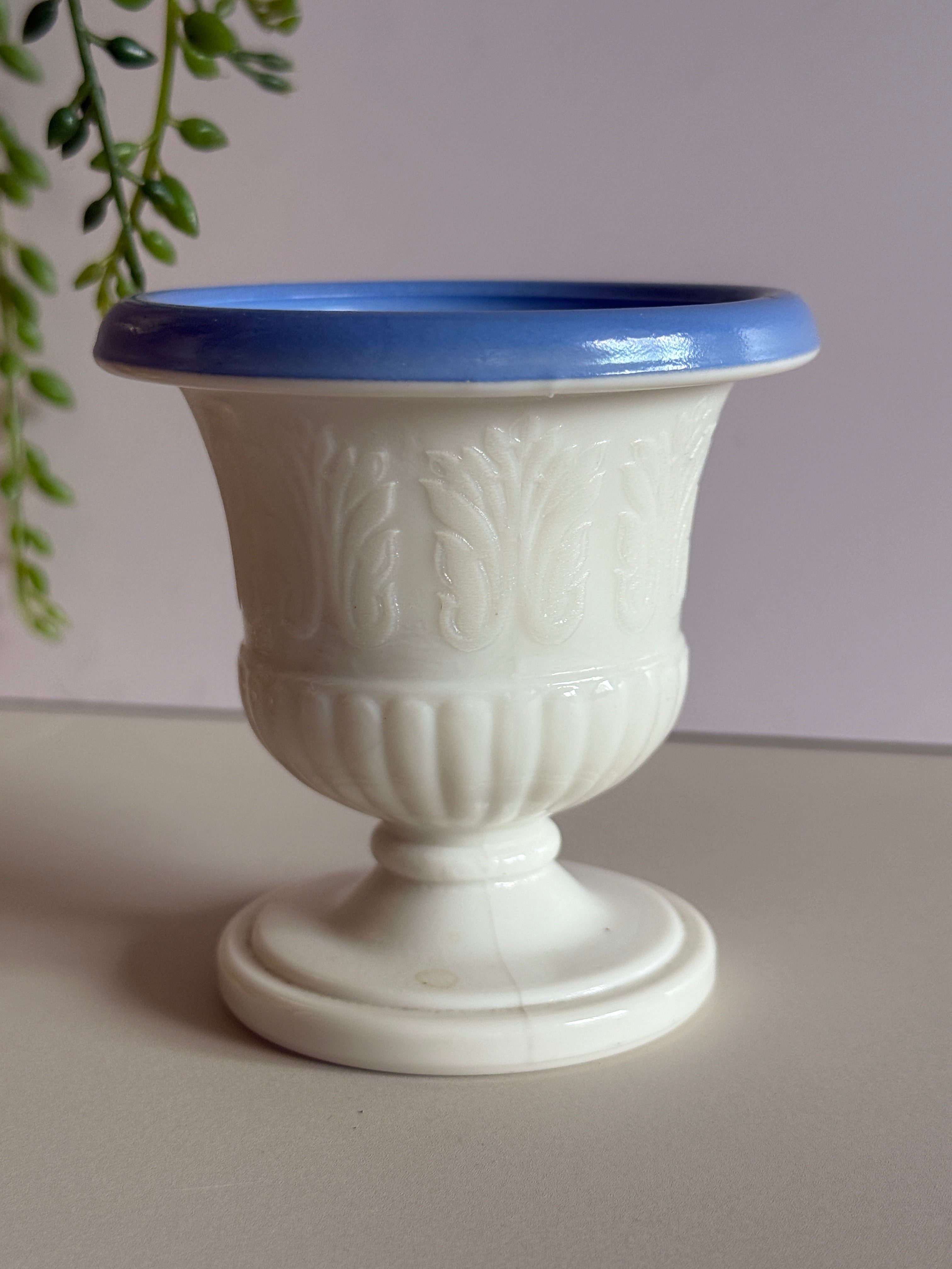 Vintage McBeth-Evans Milk Glass Urn-Style Toothpick Holder – Blue Coated Interior – 3.25”