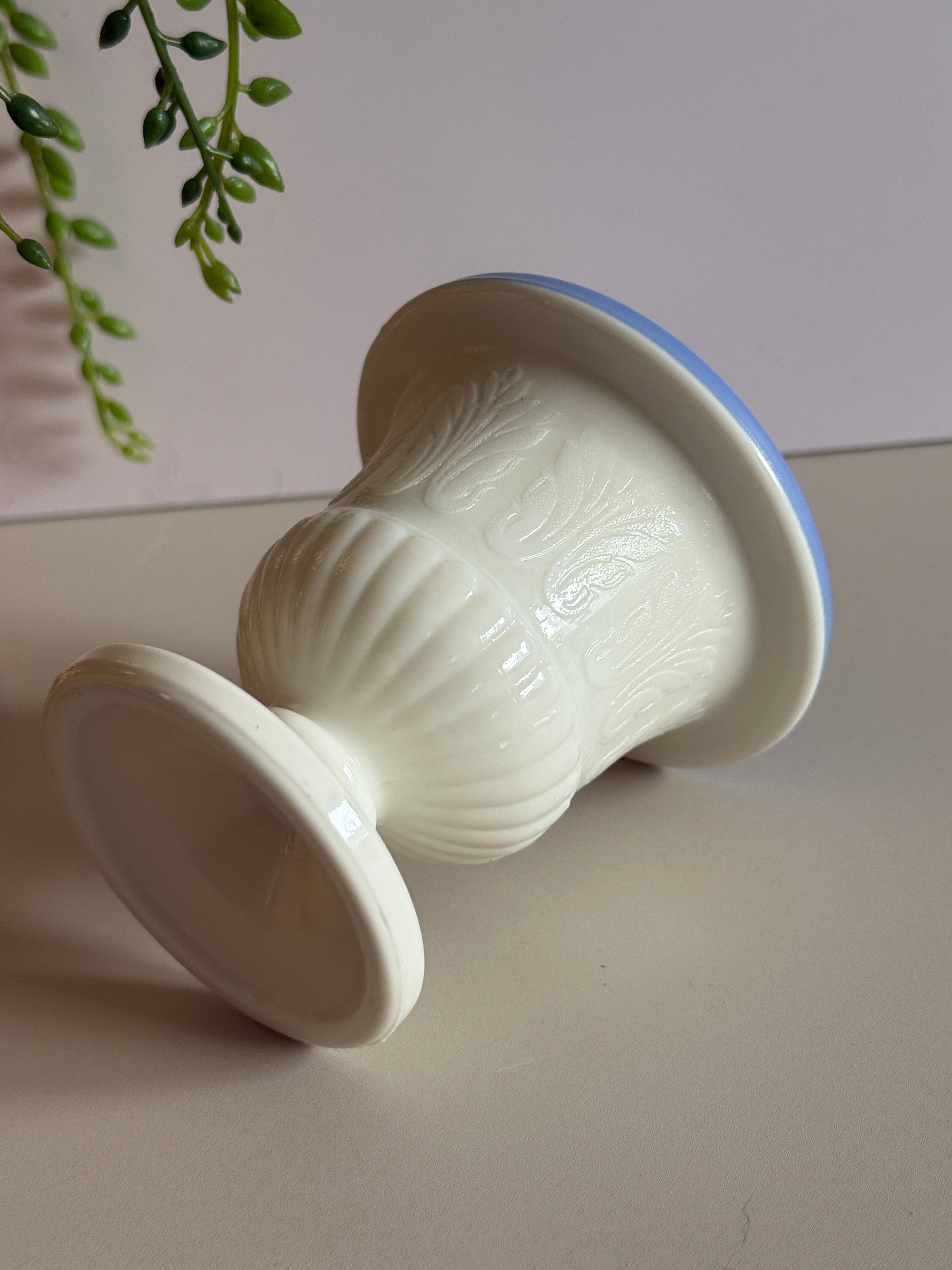 Vintage McBeth-Evans Milk Glass Urn-Style Toothpick Holder – Blue Coated Interior – 3.25”