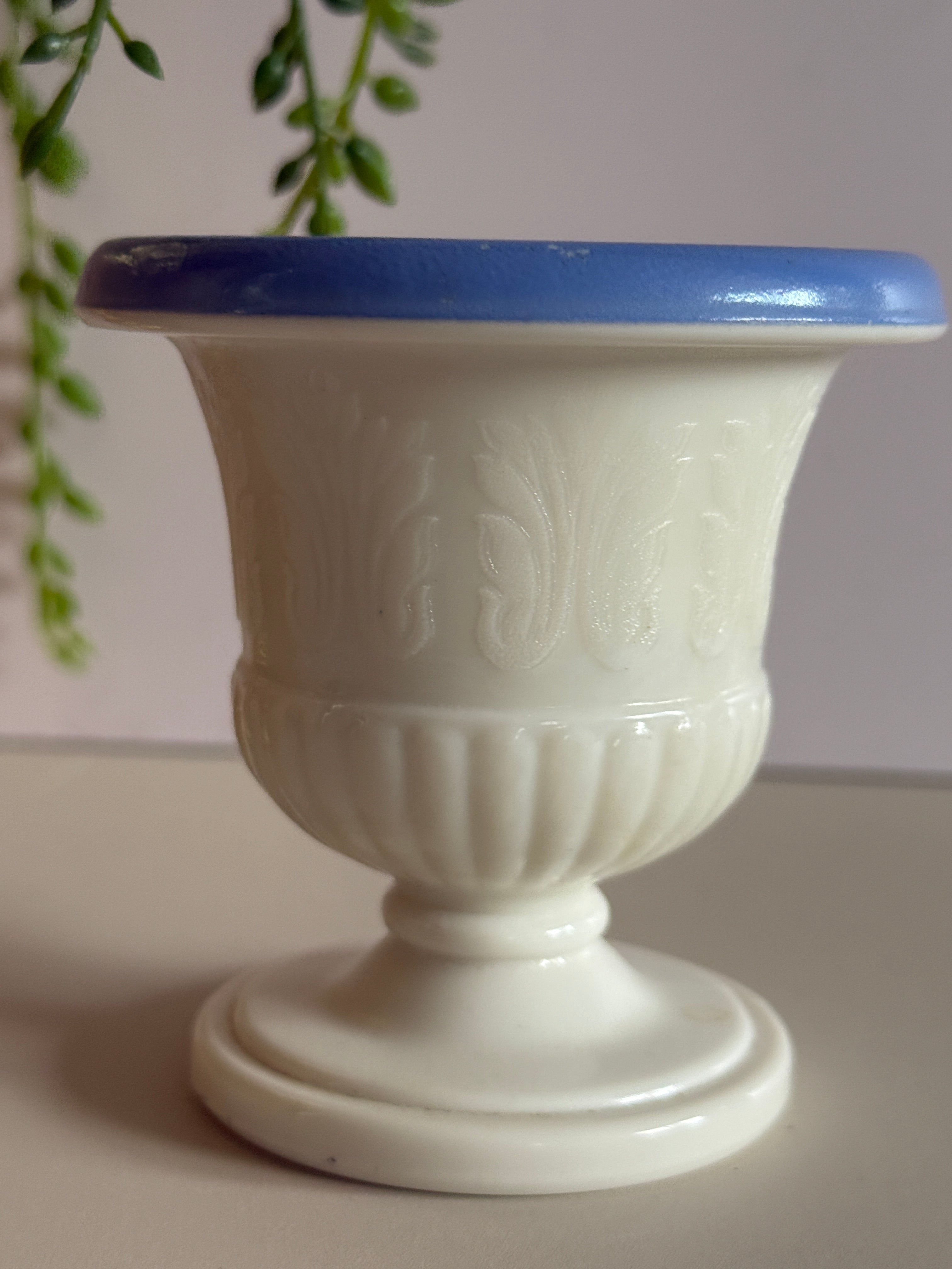 Vintage McBeth-Evans Milk Glass Urn-Style Toothpick Holder – Blue Coated Interior – 3.25”