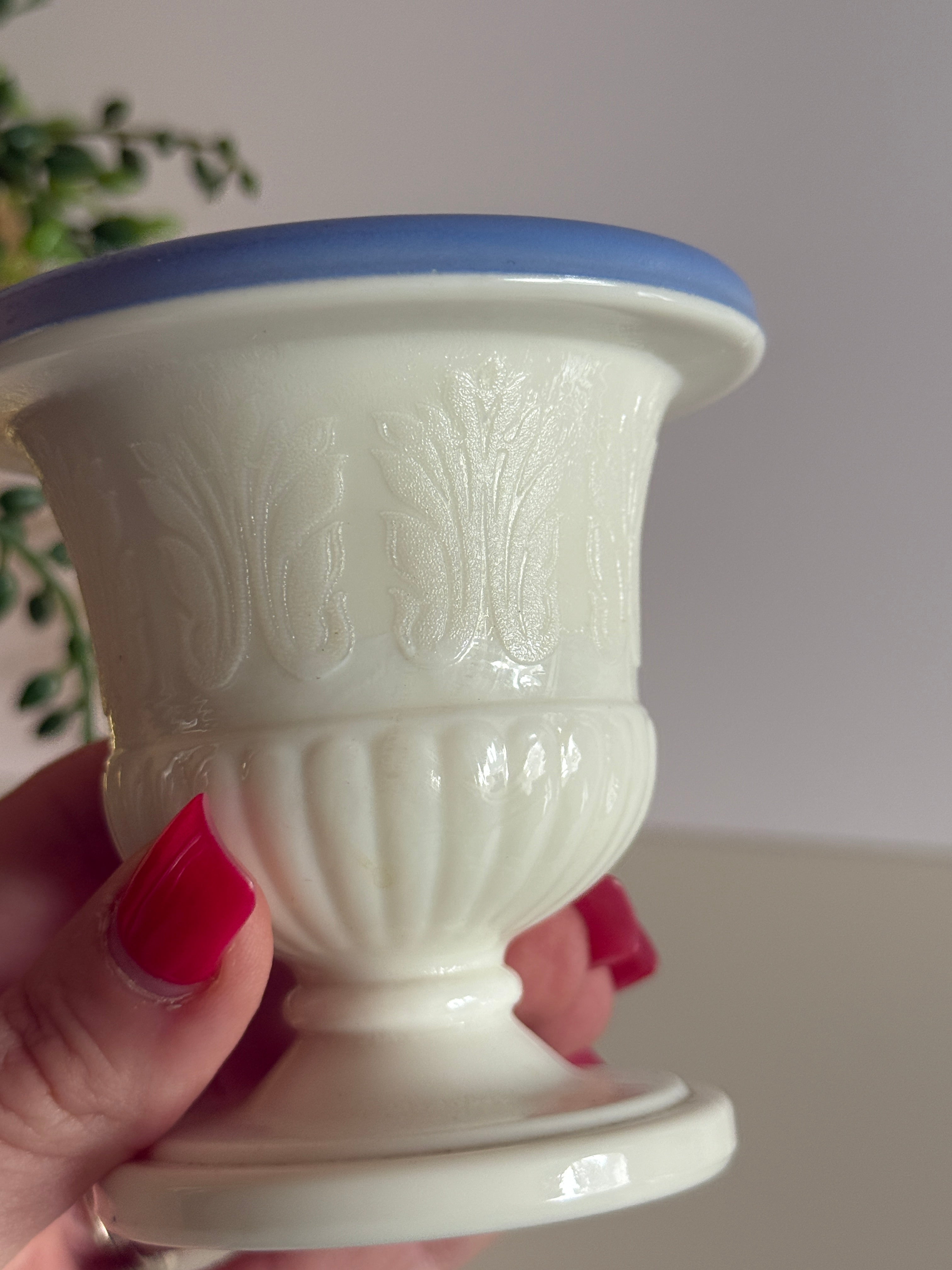 Vintage McBeth-Evans Milk Glass Urn-Style Toothpick Holder – Blue Coated Interior – 3.25”