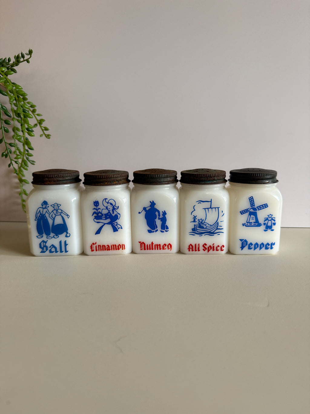 Vintage Anchor Hocking Dutch Milkglass Spice Shakers – Set of 5