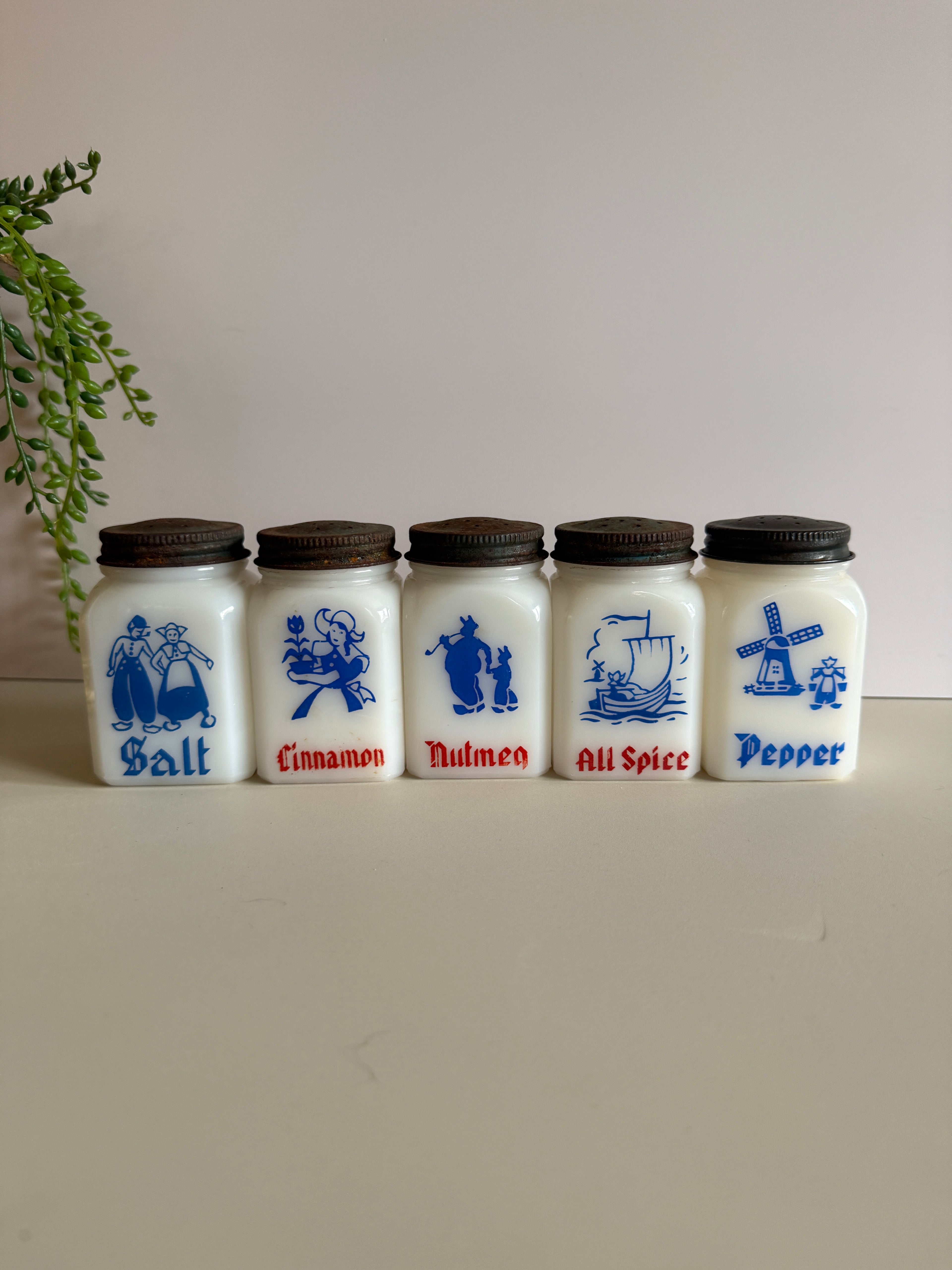 Vintage Anchor Hocking Dutch Milkglass Spice Shakers – Set of 5