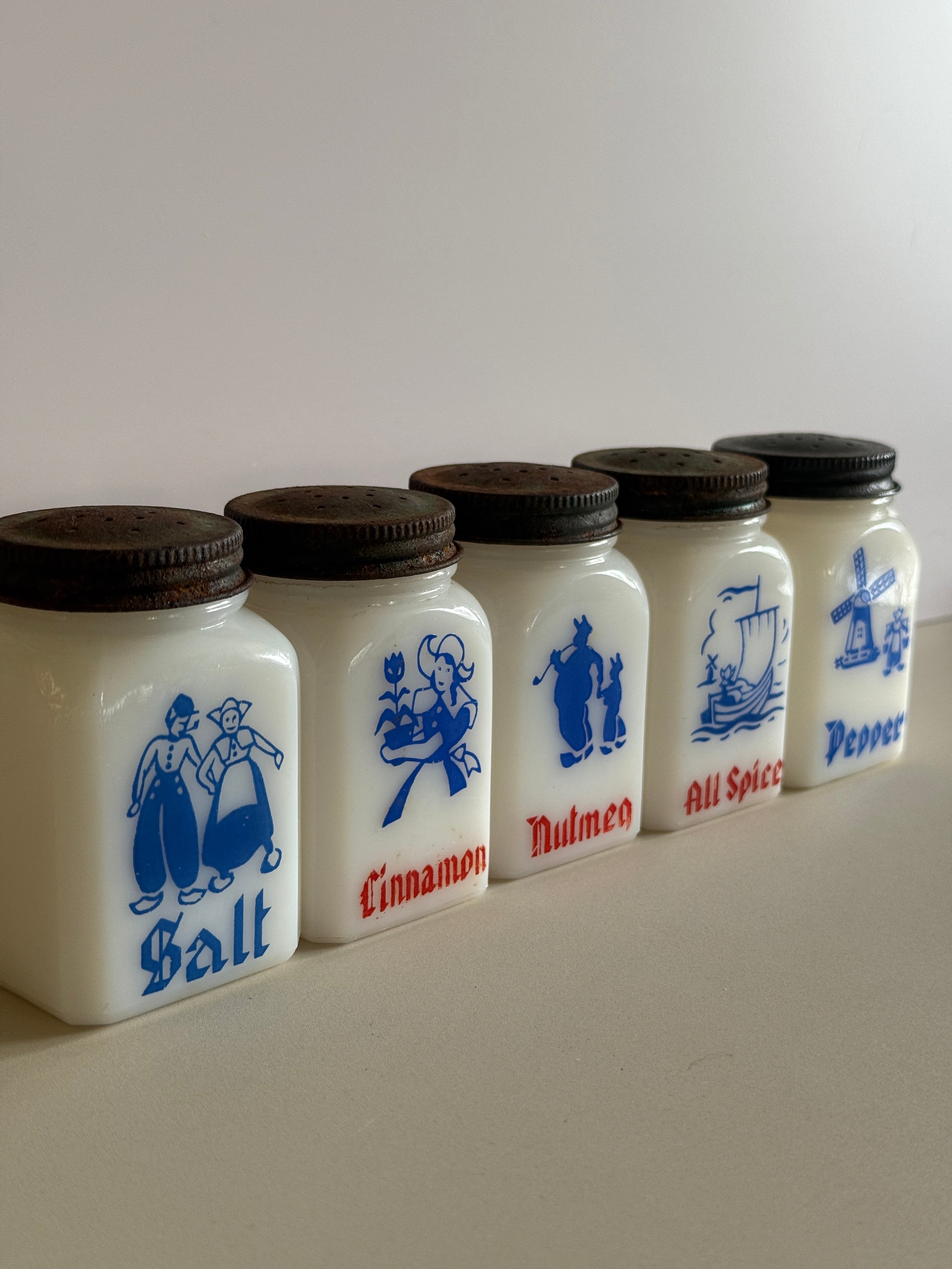 Vintage Anchor Hocking Dutch Milkglass Spice Shakers – Set of 5