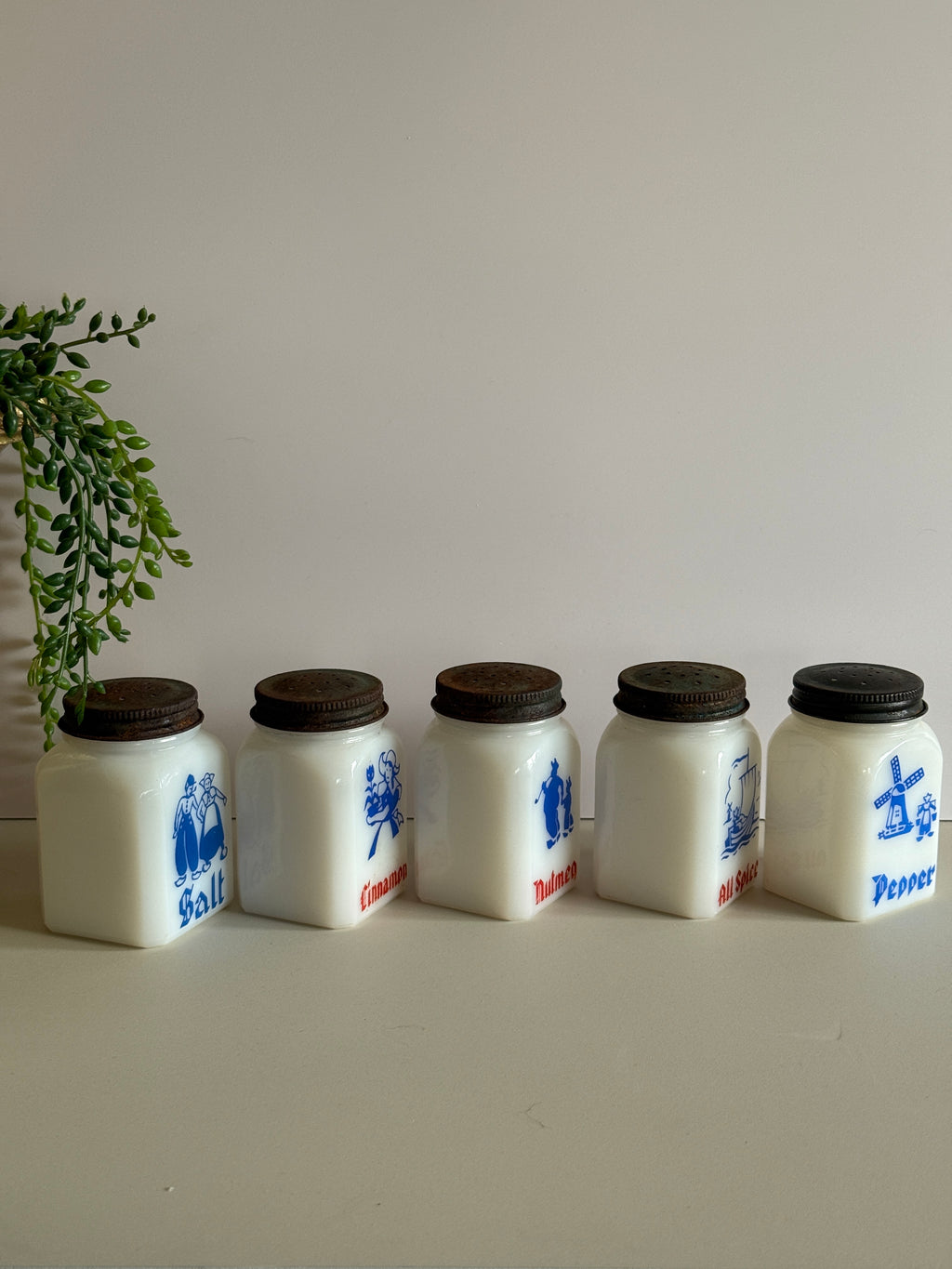 Vintage Anchor Hocking Dutch Milkglass Spice Shakers – Set of 5