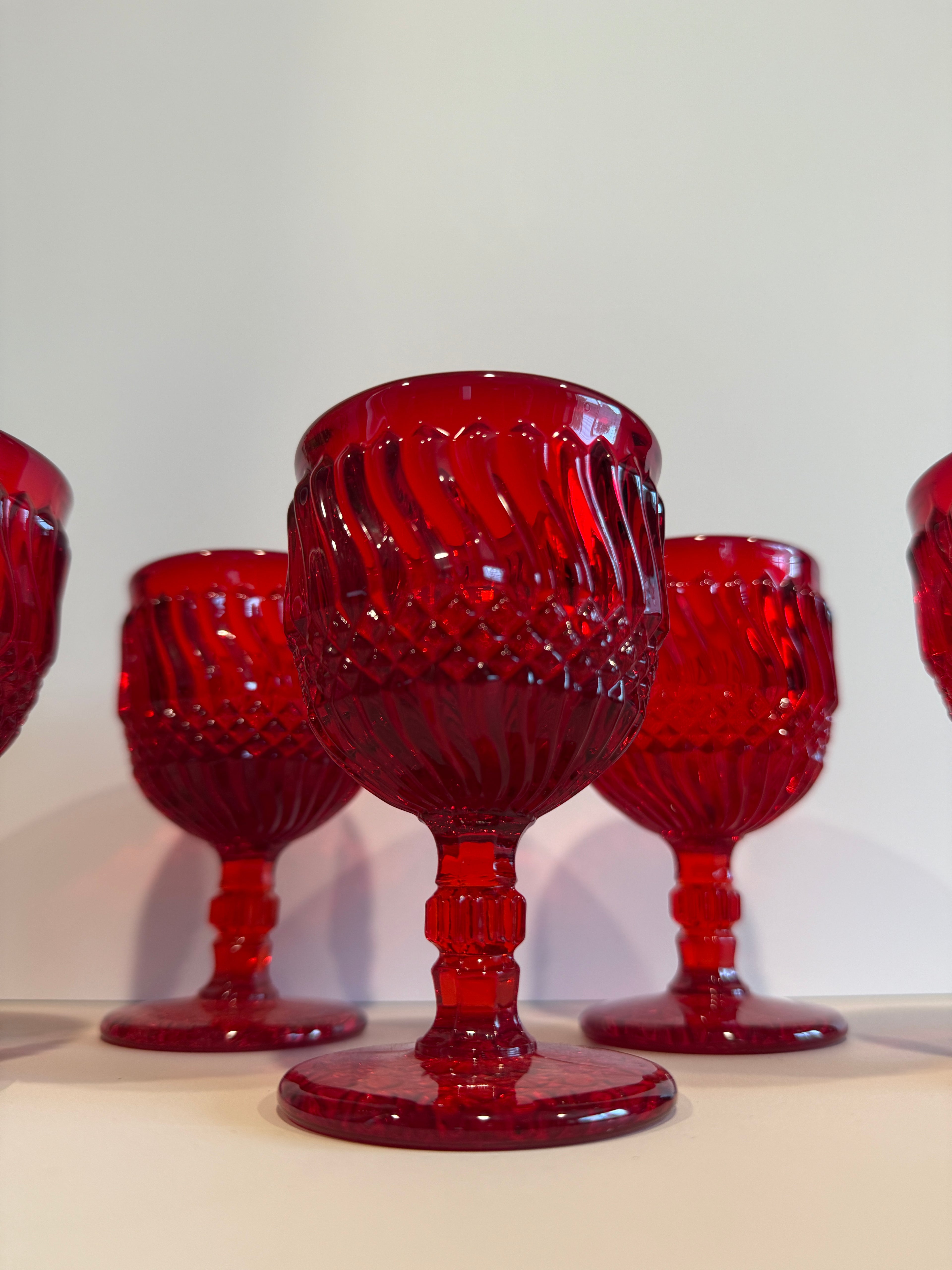 Vintage L.G. Wright Jersey Swirl Ruby Red Wine Goblets – Set of 5