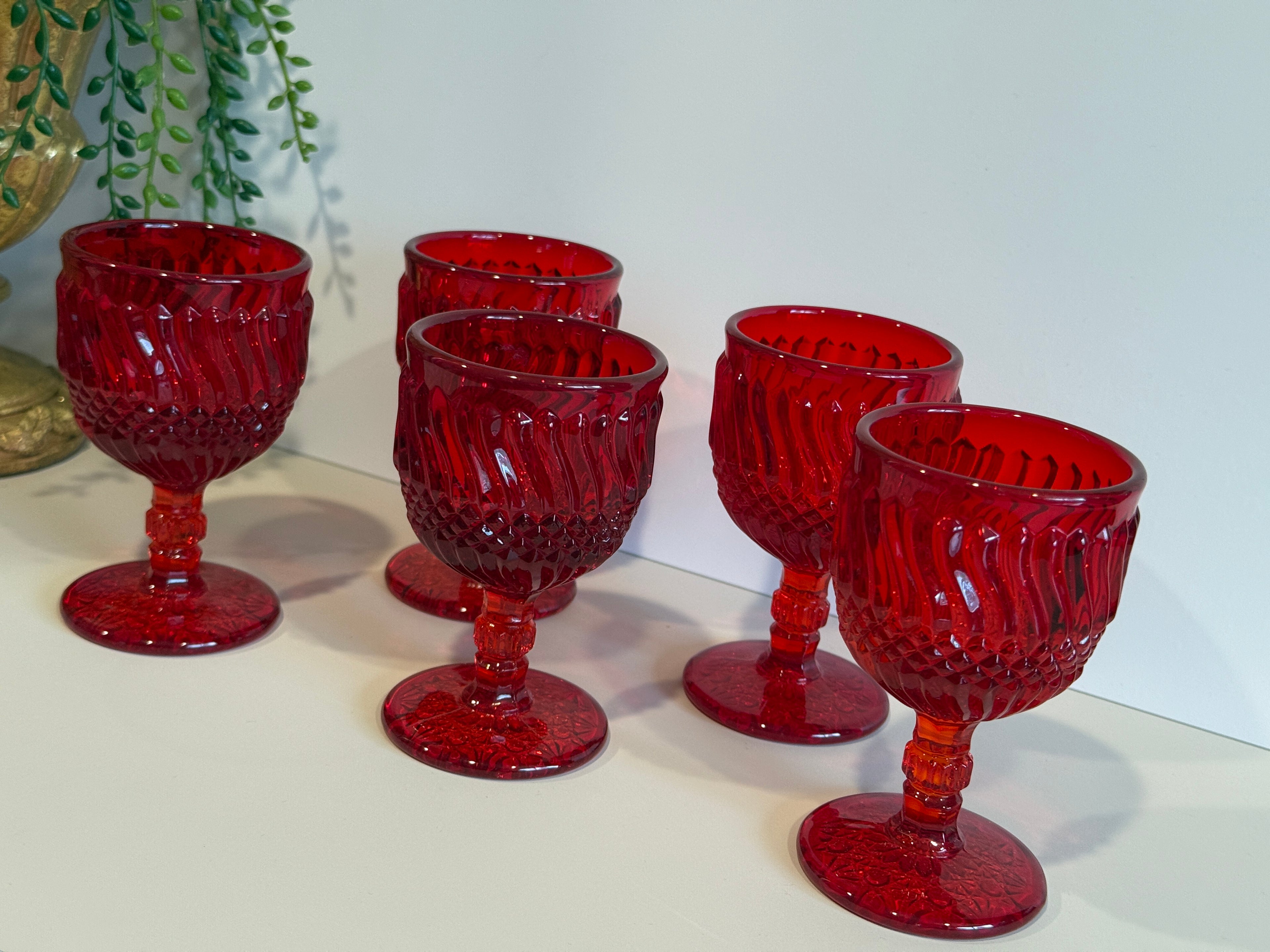 Vintage L.G. Wright Jersey Swirl Ruby Red Wine Goblets – Set of 5