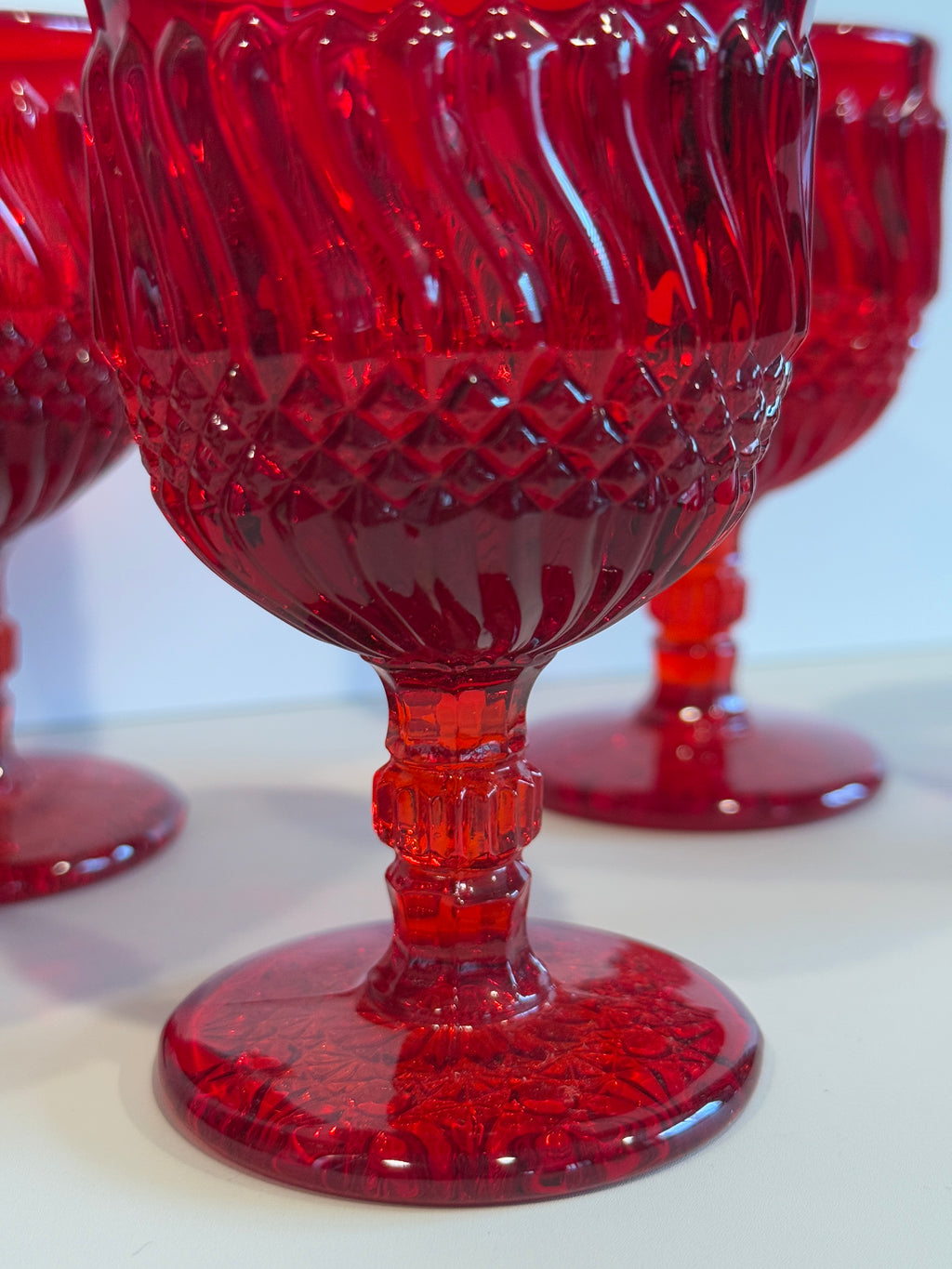 Vintage L.G. Wright Jersey Swirl Ruby Red Wine Goblets – Set of 5