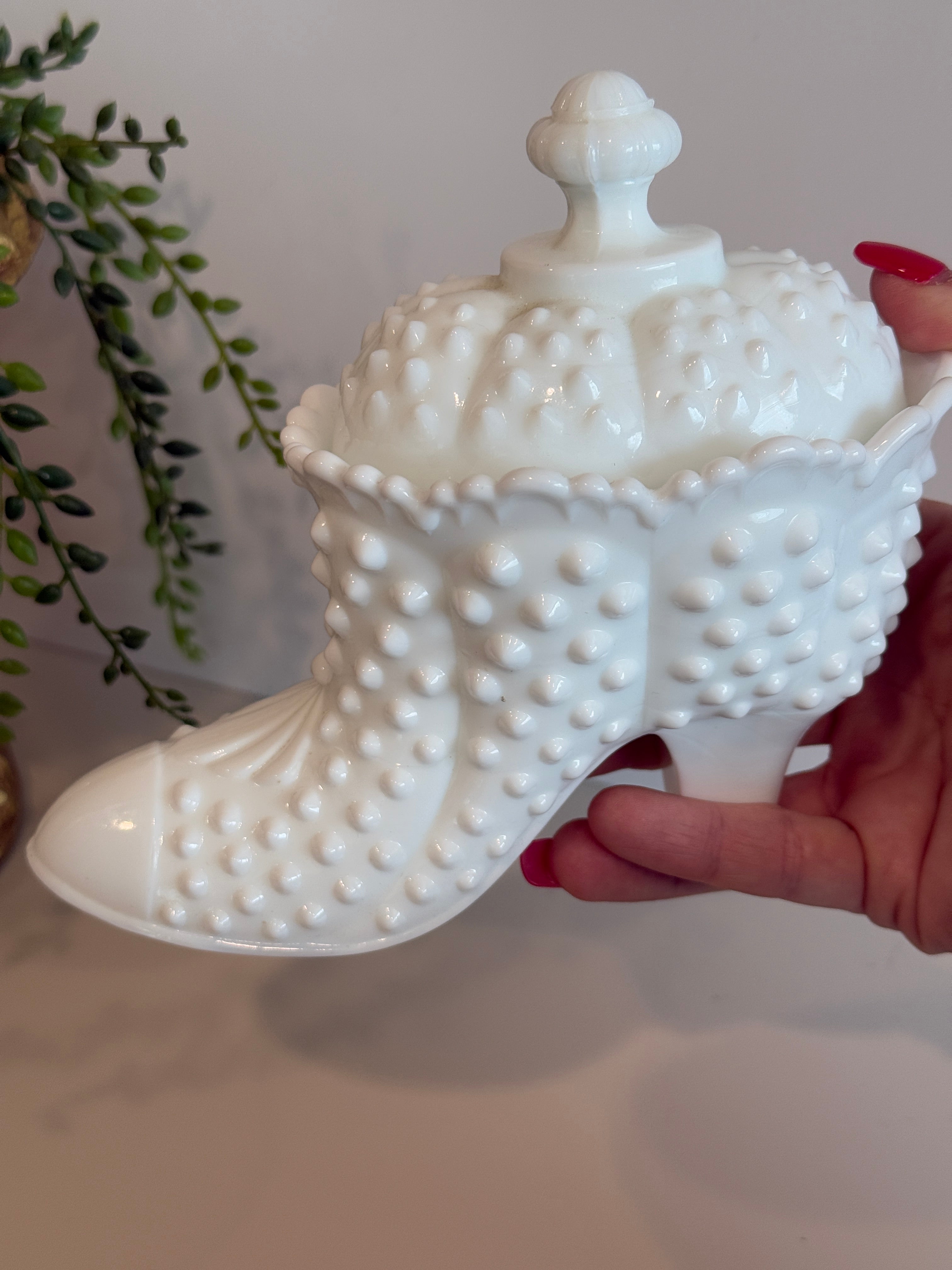 Vintage Fenton Hobnail Milk Glass Lidded Boot Candy Dish – Collectible Shoe Dish