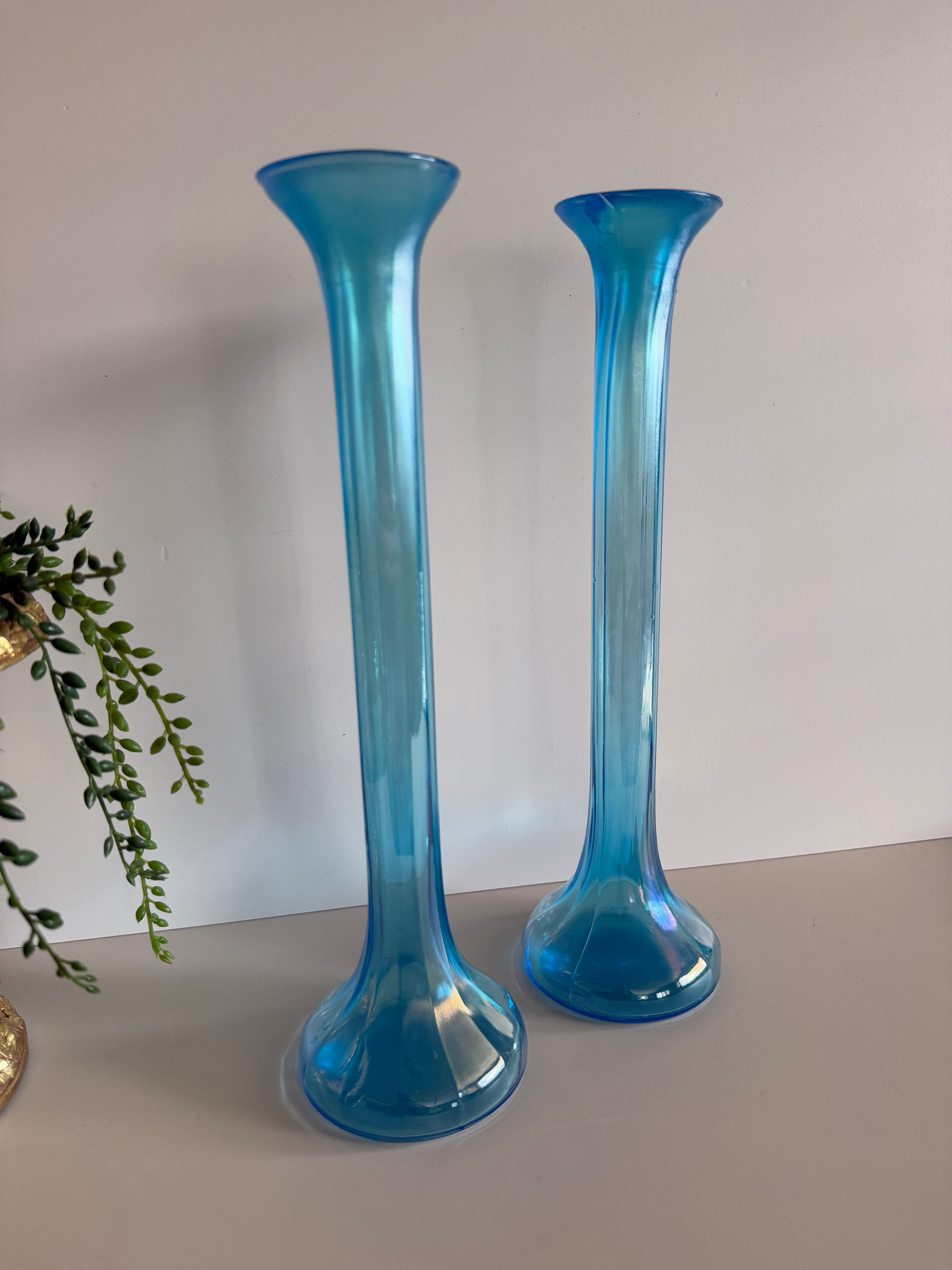 Antique Dugan Diamond Celeste Iridescent Blue Stretch Glass Bud Vases – Pair, 12 Inch