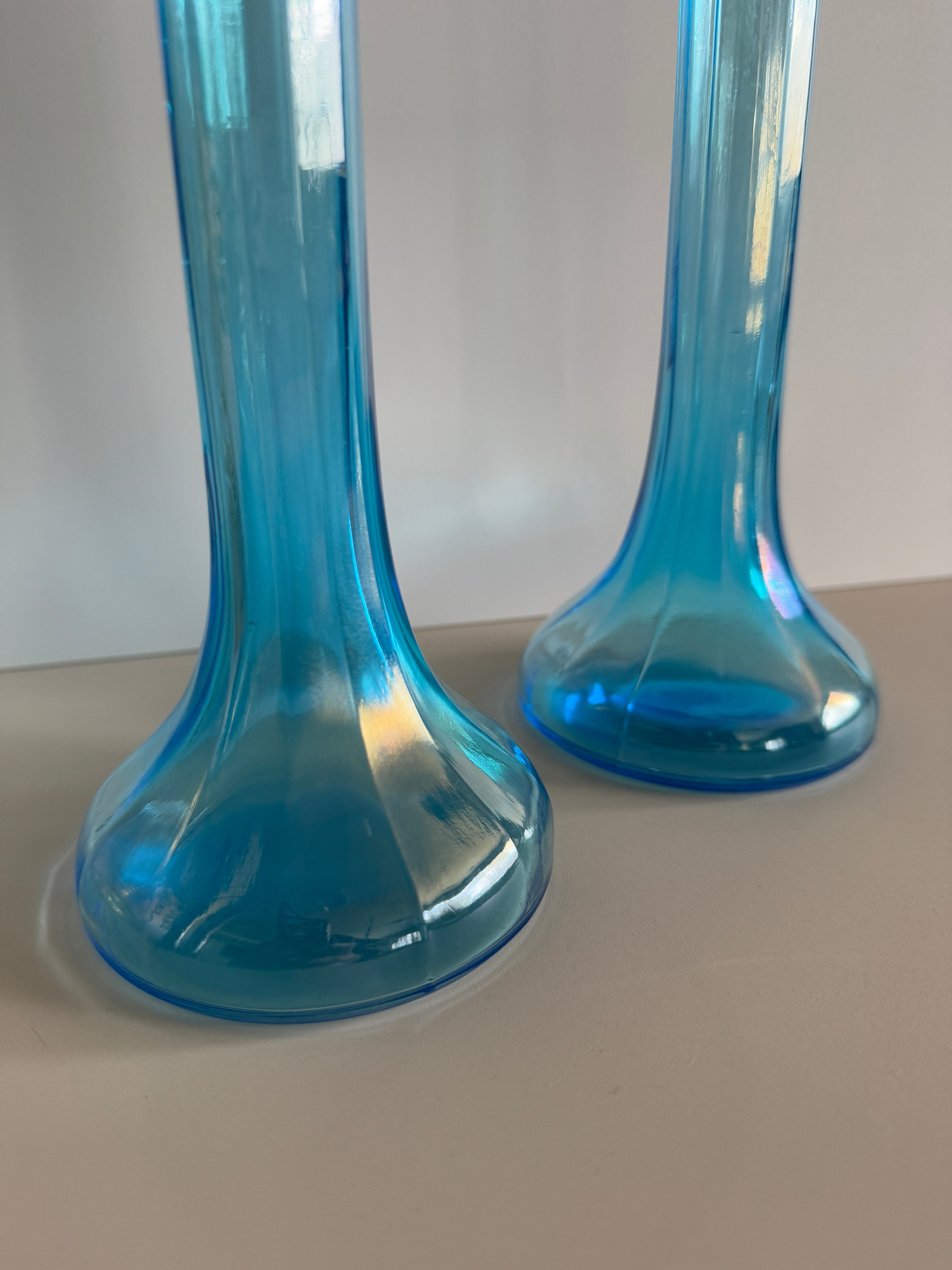 Antique Dugan Diamond Celeste Iridescent Blue Stretch Glass Bud Vases – Pair, 12 Inch