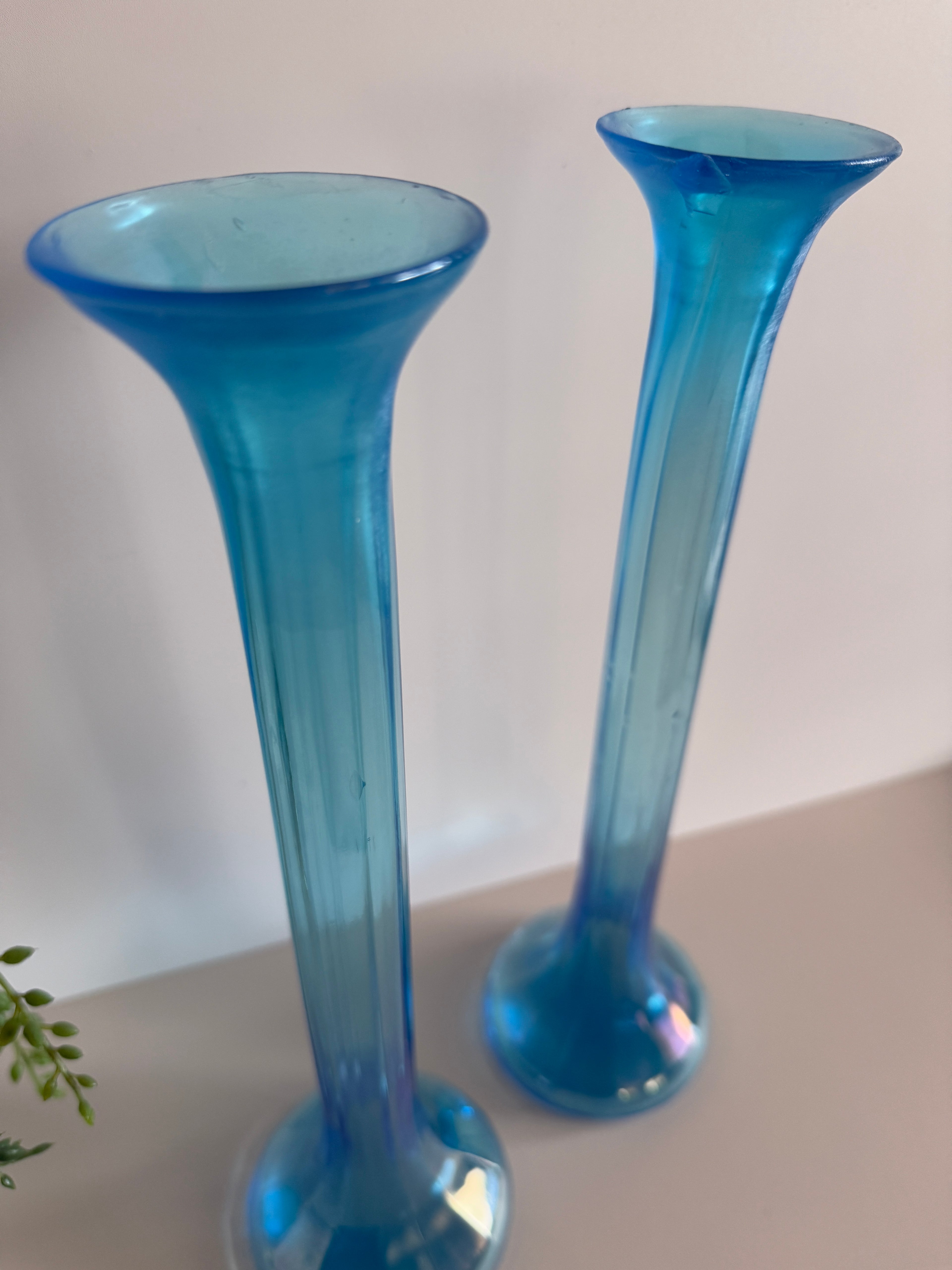 Antique Dugan Diamond Celeste Iridescent Blue Stretch Glass Bud Vases – Pair, 12 Inch
