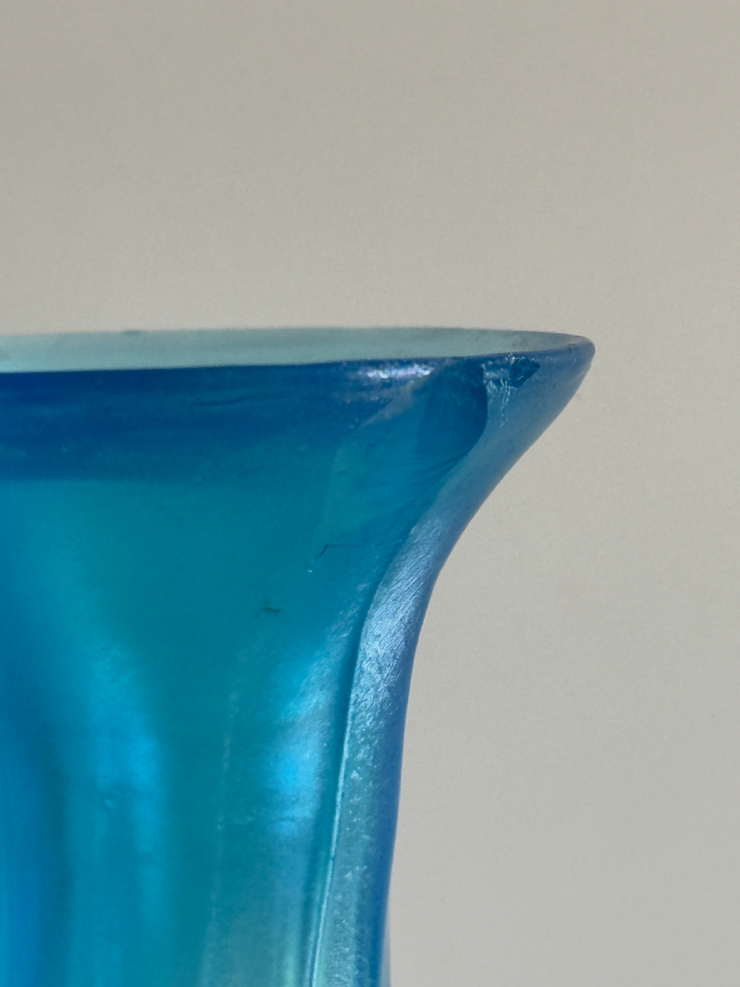 Antique Dugan Diamond Celeste Iridescent Blue Stretch Glass Bud Vases – Pair, 12 Inch