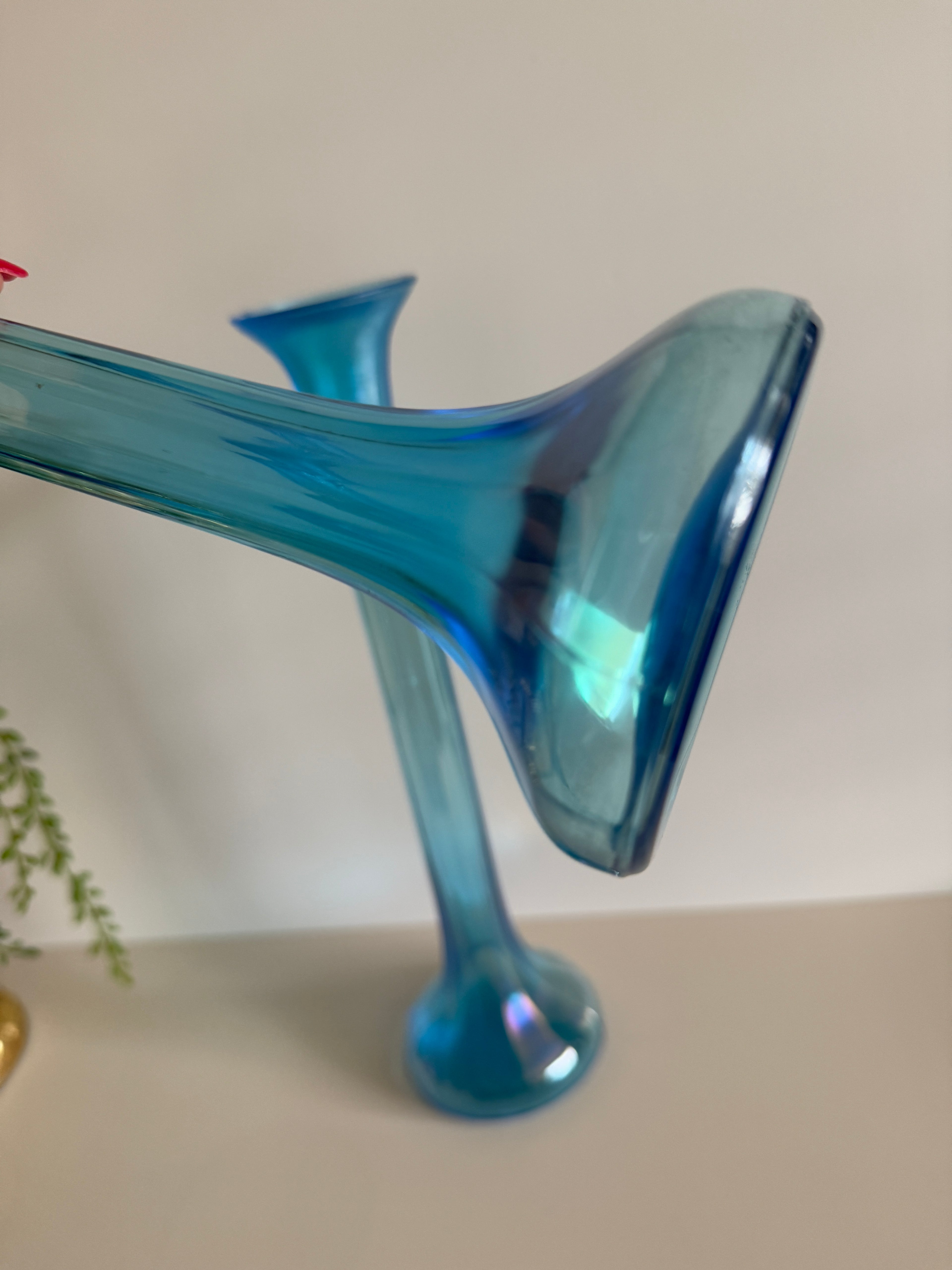 Antique Dugan Diamond Celeste Iridescent Blue Stretch Glass Bud Vases – Pair, 12 Inch