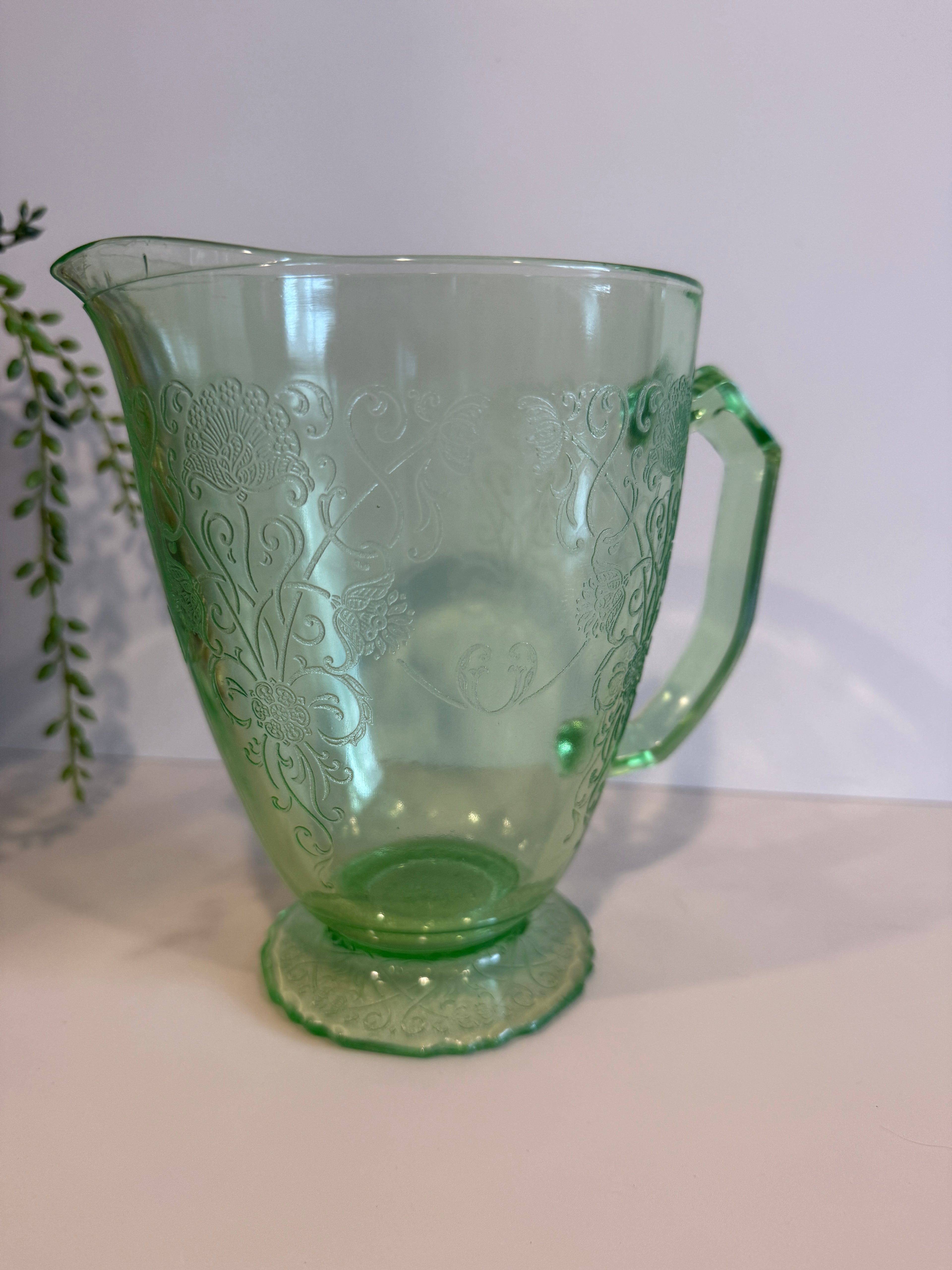 Hazel Atlas Green Depression Glass – Florentine No. 1 (Poppy) Pitcher & Juice Glasses- Sold Separately