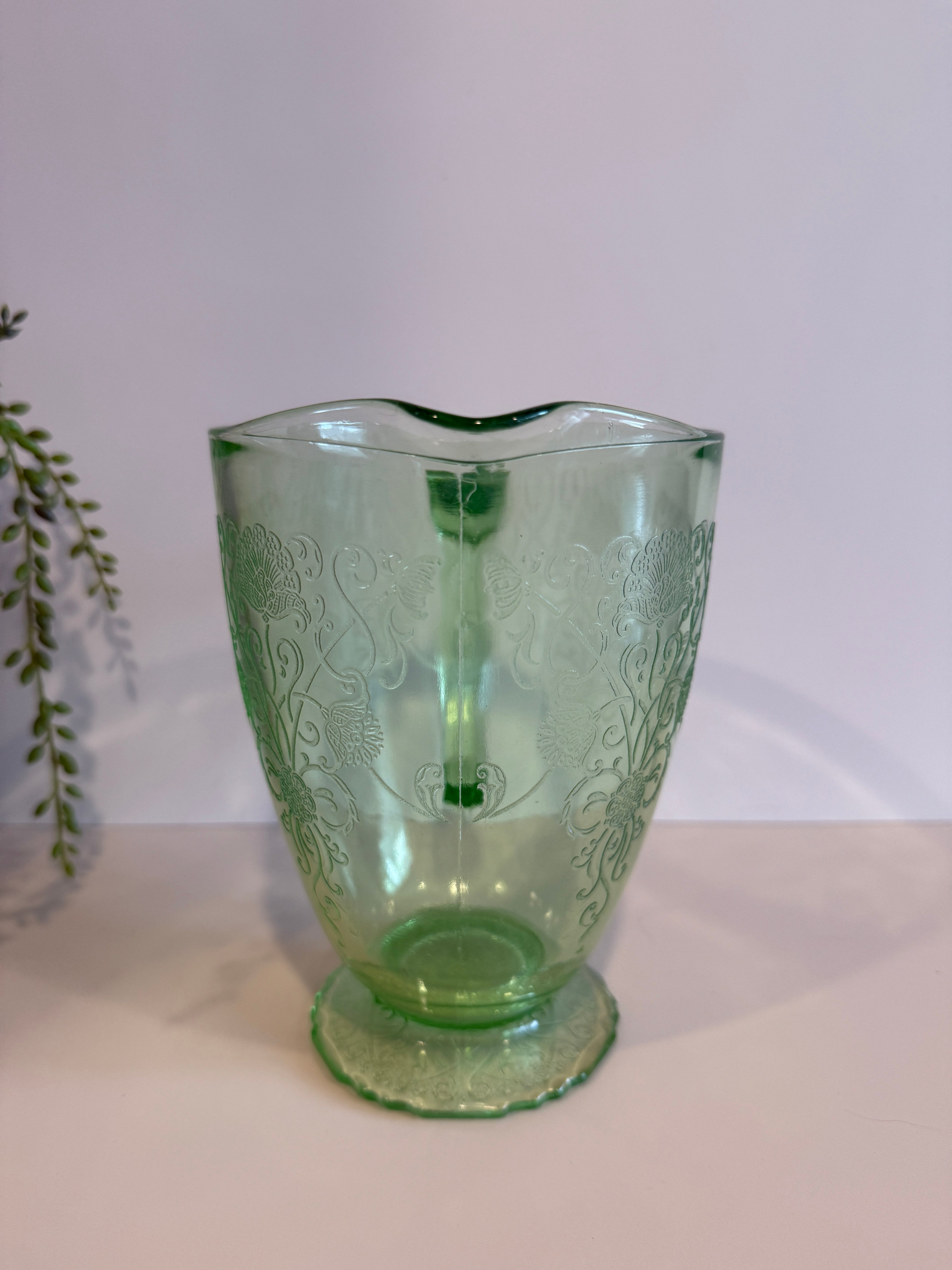 Hazel Atlas Green Depression Glass – Florentine No. 1 (Poppy) Pitcher & Juice Glasses- Sold Separately