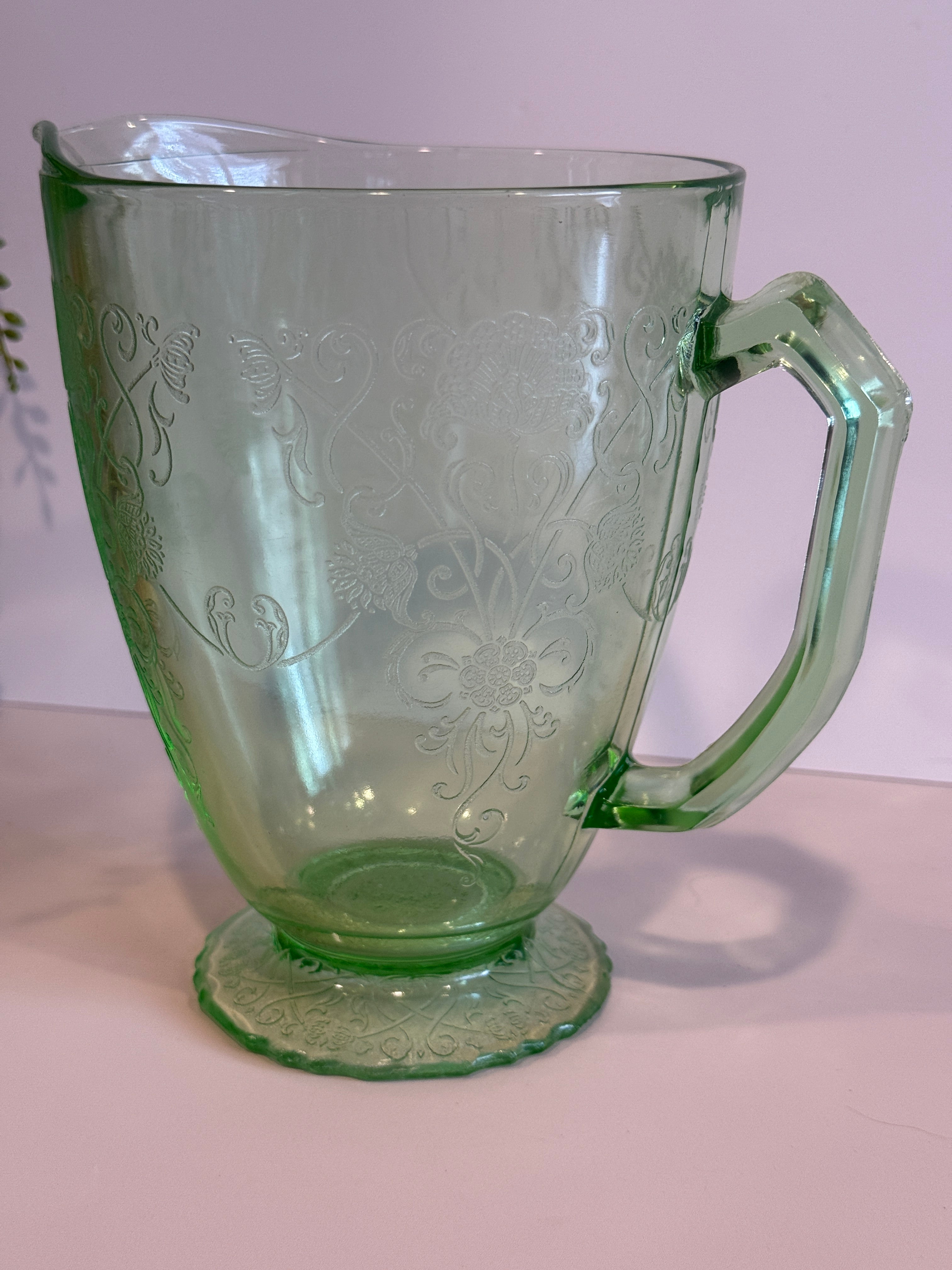Hazel Atlas Green Depression Glass – Florentine No. 1 (Poppy) Pitcher & Juice Glasses- Sold Separately
