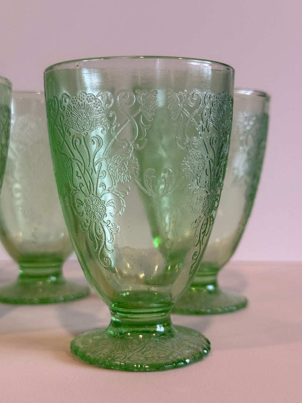Hazel Atlas Green Depression Glass – Florentine No. 1 (Poppy) Pitcher & Juice Glasses- Sold Separately
