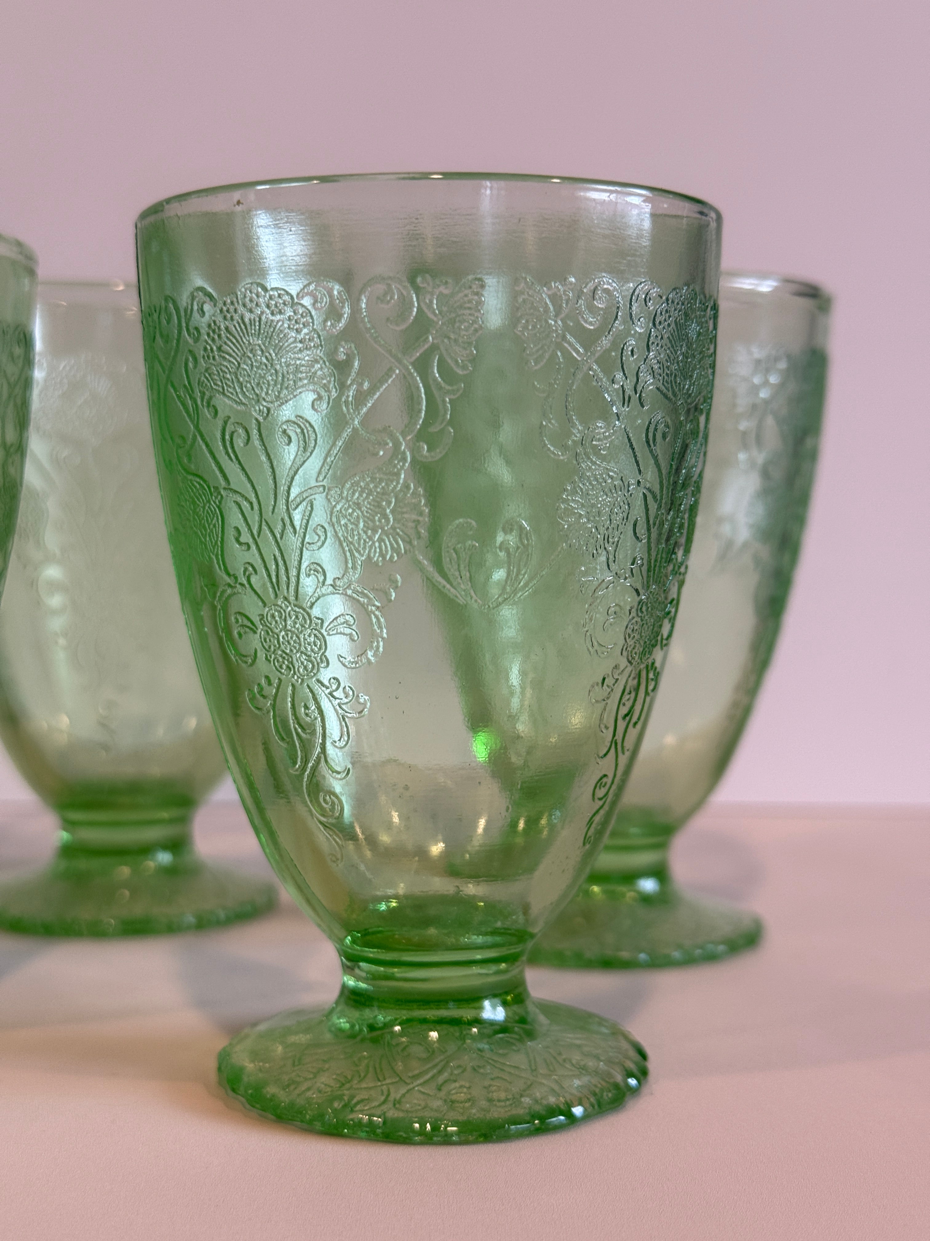 Hazel Atlas Green Depression Glass – Florentine No. 1 (Poppy) Pitcher & Juice Glasses- Sold Separately