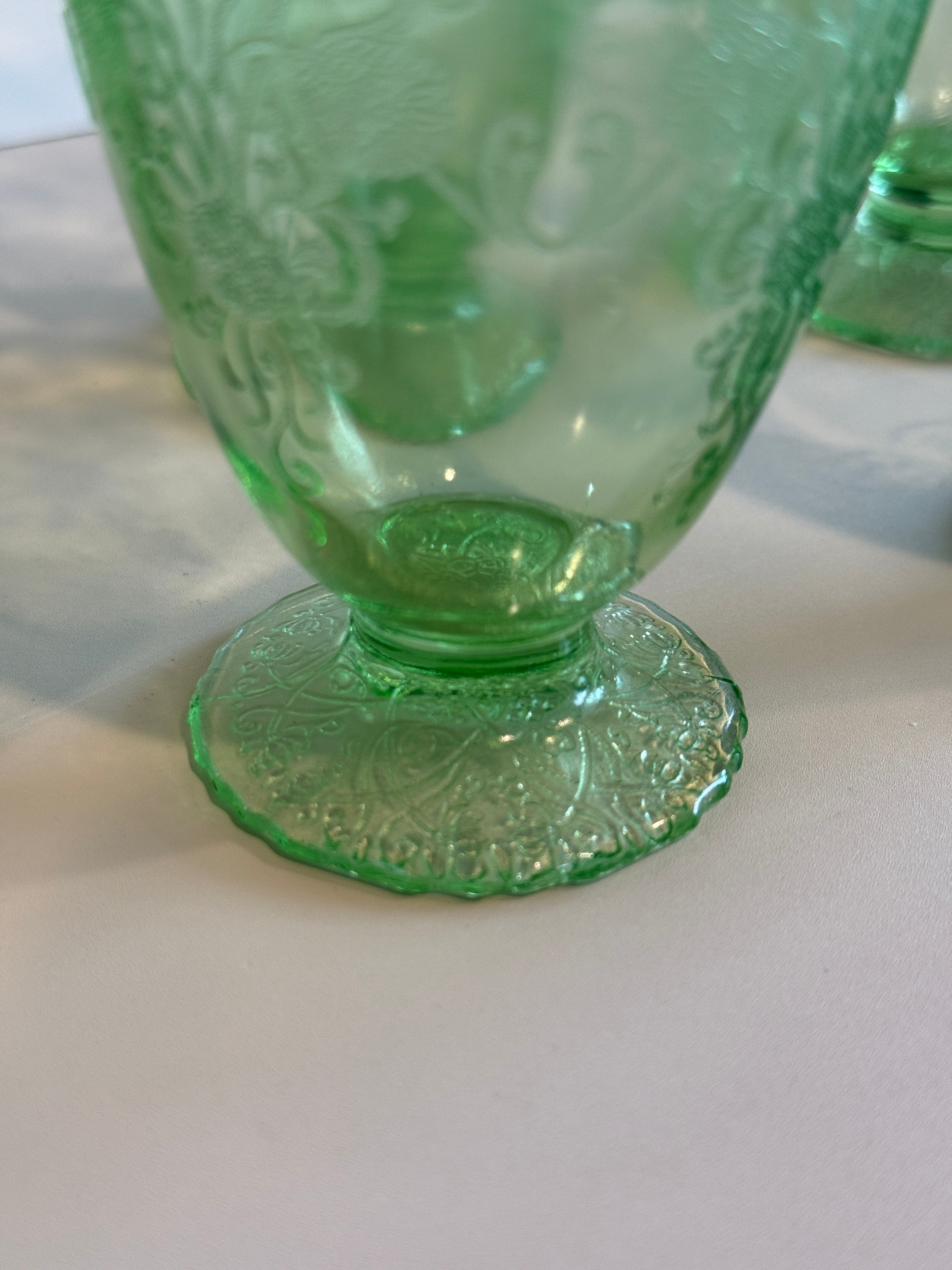 Hazel Atlas Green Depression Glass – Florentine No. 1 (Poppy) Pitcher & Juice Glasses- Sold Separately