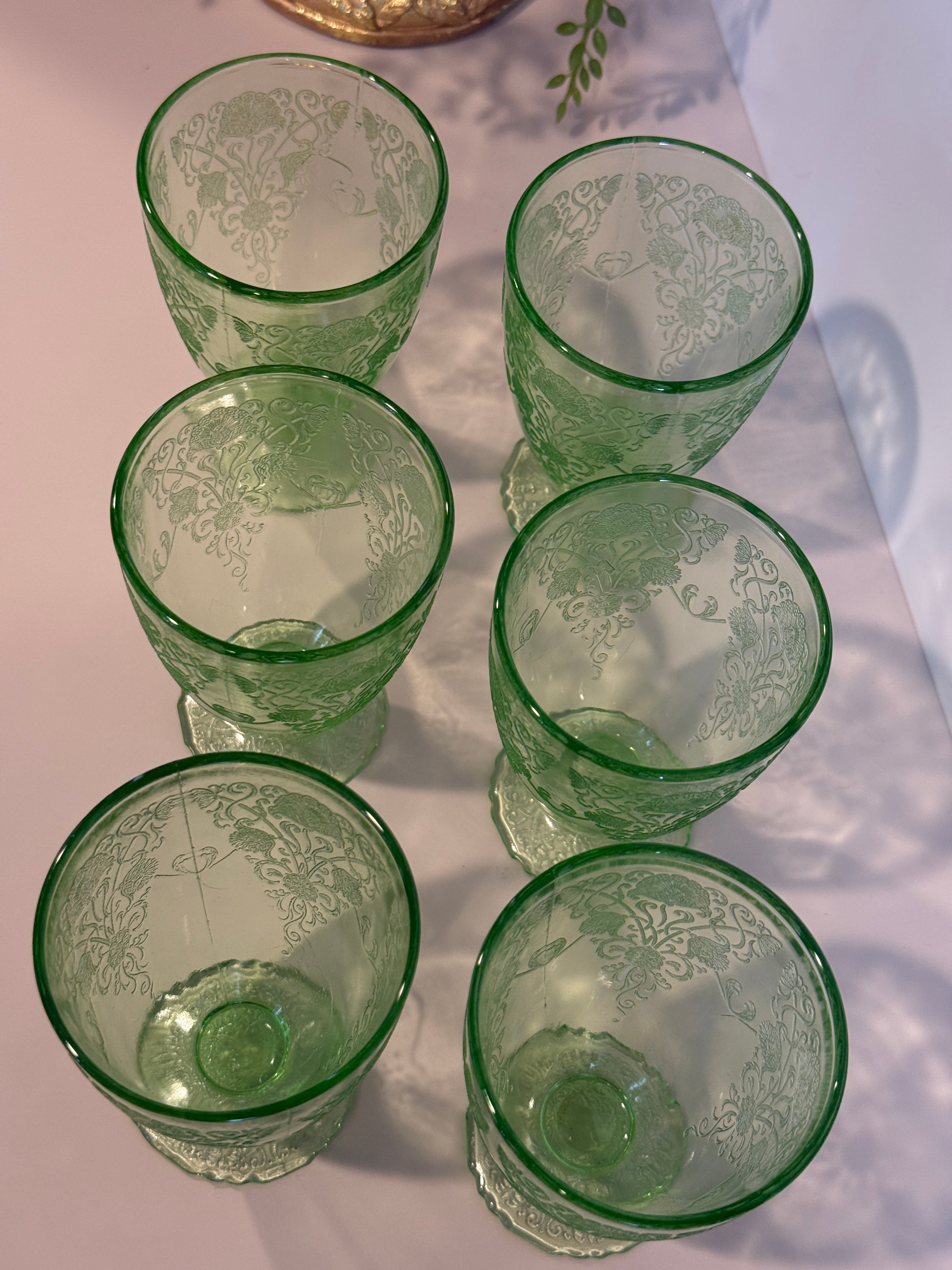 Hazel Atlas Green Depression Glass – Florentine No. 1 (Poppy) Pitcher & Juice Glasses- Sold Separately