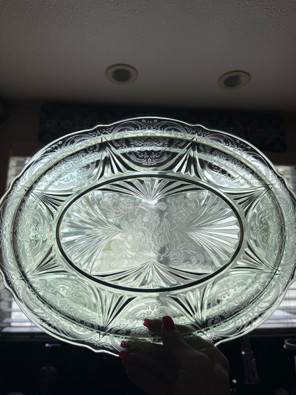 Hazel Atlas Green Depression Glass – Royal Lace Oval Serving Platter (Uranium Glass)