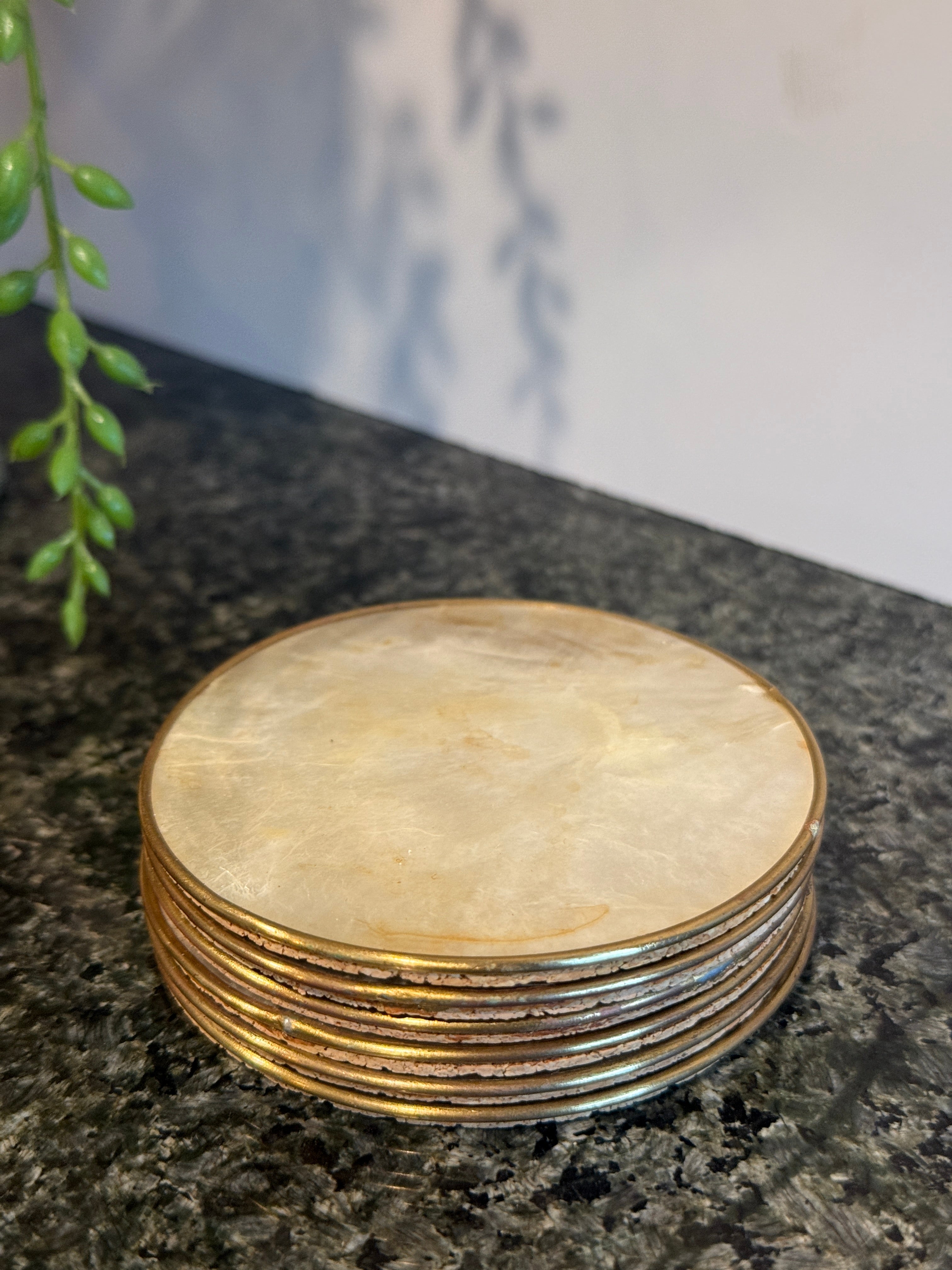 Set of 6 Vintage Capiz Shell Coasters with Brass Trim – 3 Inch