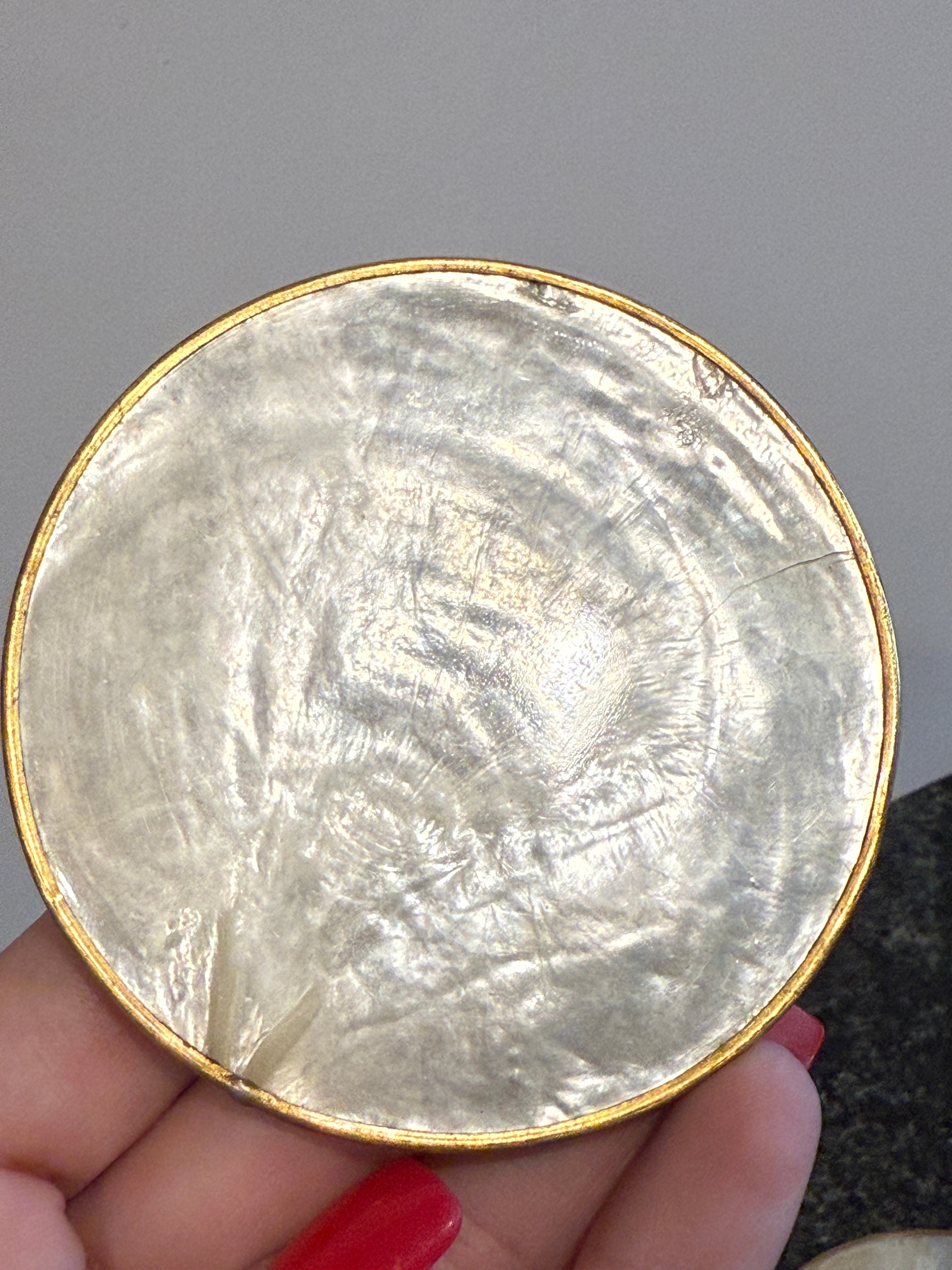Set of 6 Vintage Capiz Shell Coasters with Brass Trim – 3 Inch